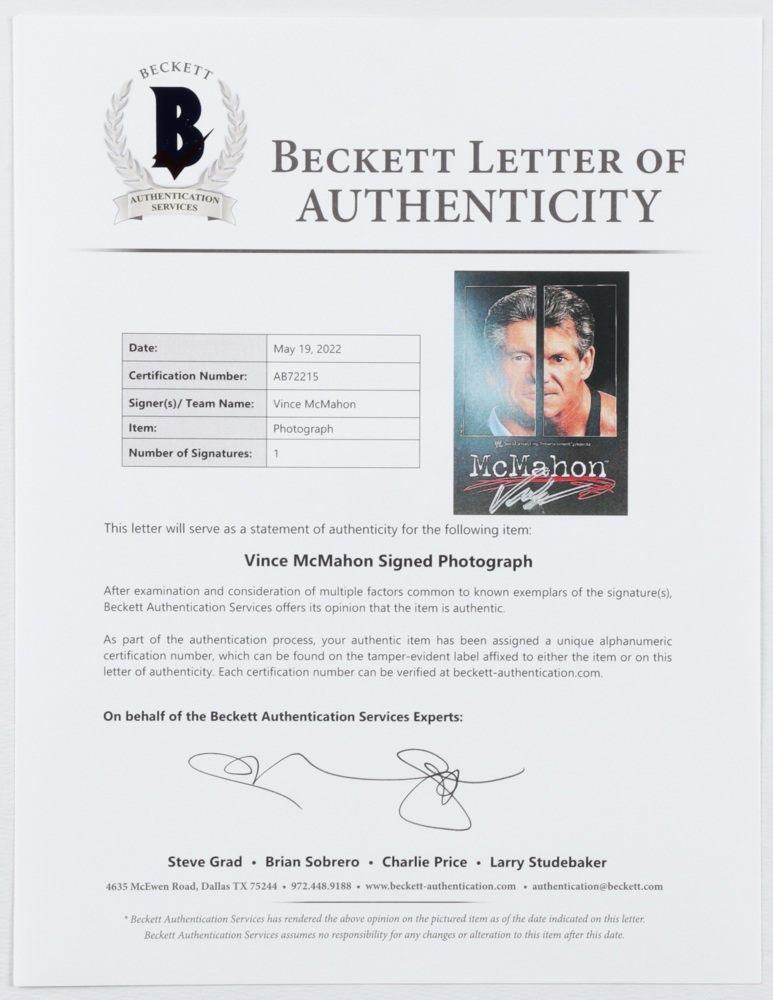 Vince McMahon Signed WWE 5.5x7.5 Photo (Beckett) at PristineAuction.com Vince McMahon Signed WWE 5.5x7.5 Photo (Beckett) at PristineAuction.com