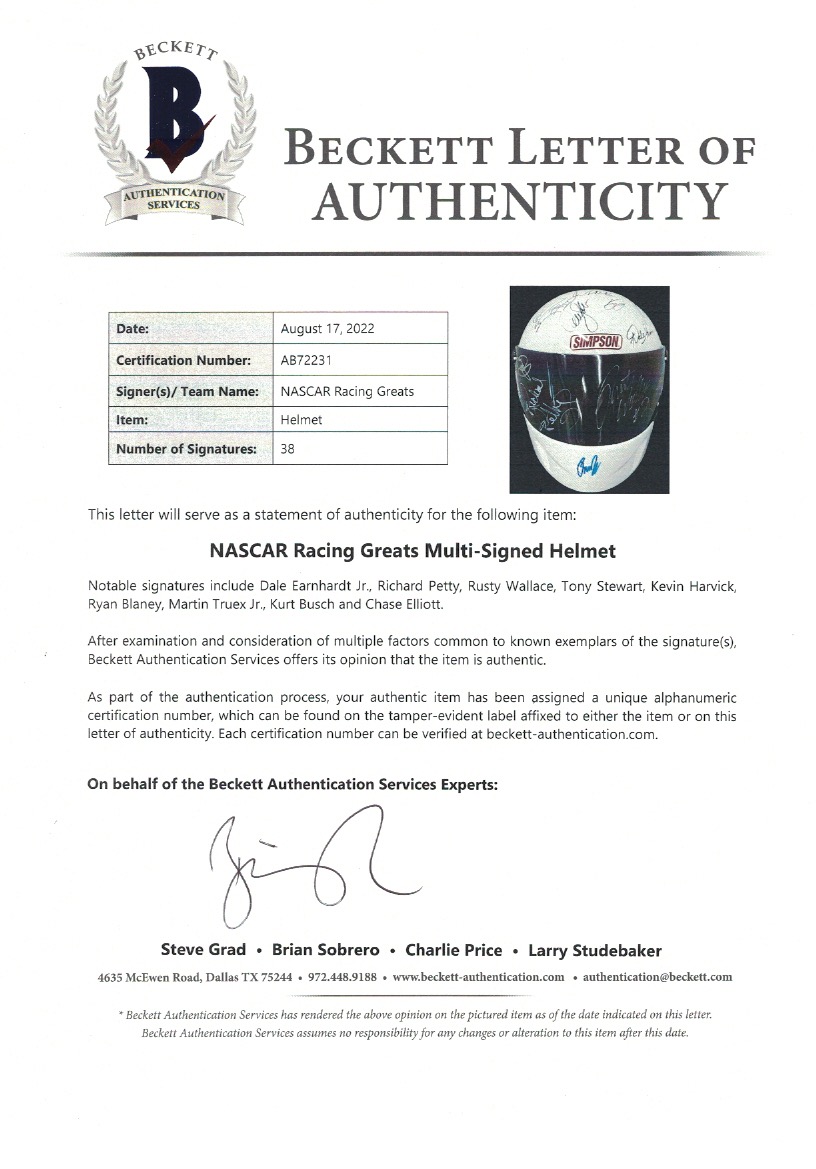 NASCAR Full-Size Racing Helmet Signed by (38) with Dale Earnhardt Jr., Richard Petty, Rusty Wallace, Tony Stewart, Kevin Harvick (Beckett) at PristineAuction.com NASCAR Full-Size Racing Helmet Signed by (38) with Dale Earnhardt Jr., Richard Petty, Rusty Wallace, Tony Stewart, Kevin Harvick (Beckett) at PristineAuction.com