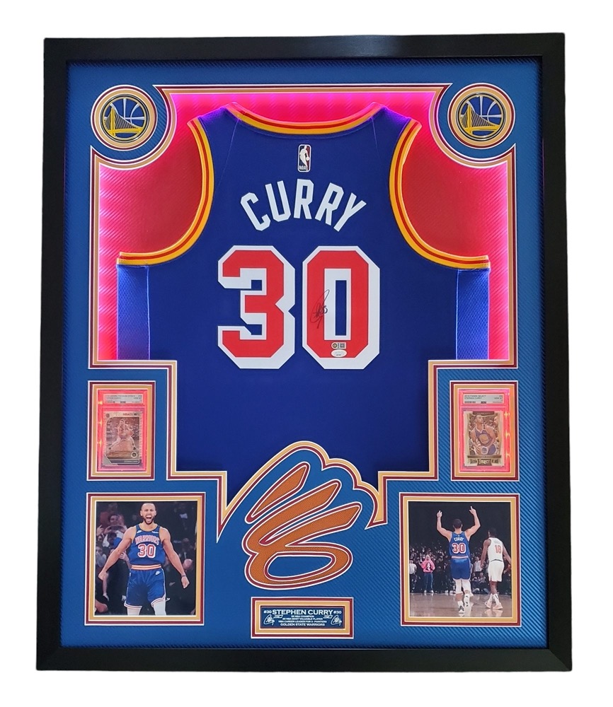 Steph Curry Signed 33x42 Custom Framed LED-Backlit Jersey Display with 2016-17 Select #88 (PSA 10) & 2019-20 Hoops Premium Stock Prizms Pulsar #59 (PSA 10) (JSA & Curry) at PristineAuction.com Steph Curry Signed 33x42 Custom Framed LED-Backlit Jersey Display with 2016-17 Select #88 (PSA 10) & 2019-20 Hoops Premium Stock Prizms Pulsar #59 (PSA 10) (JSA & Curry) at PristineAuction.com
