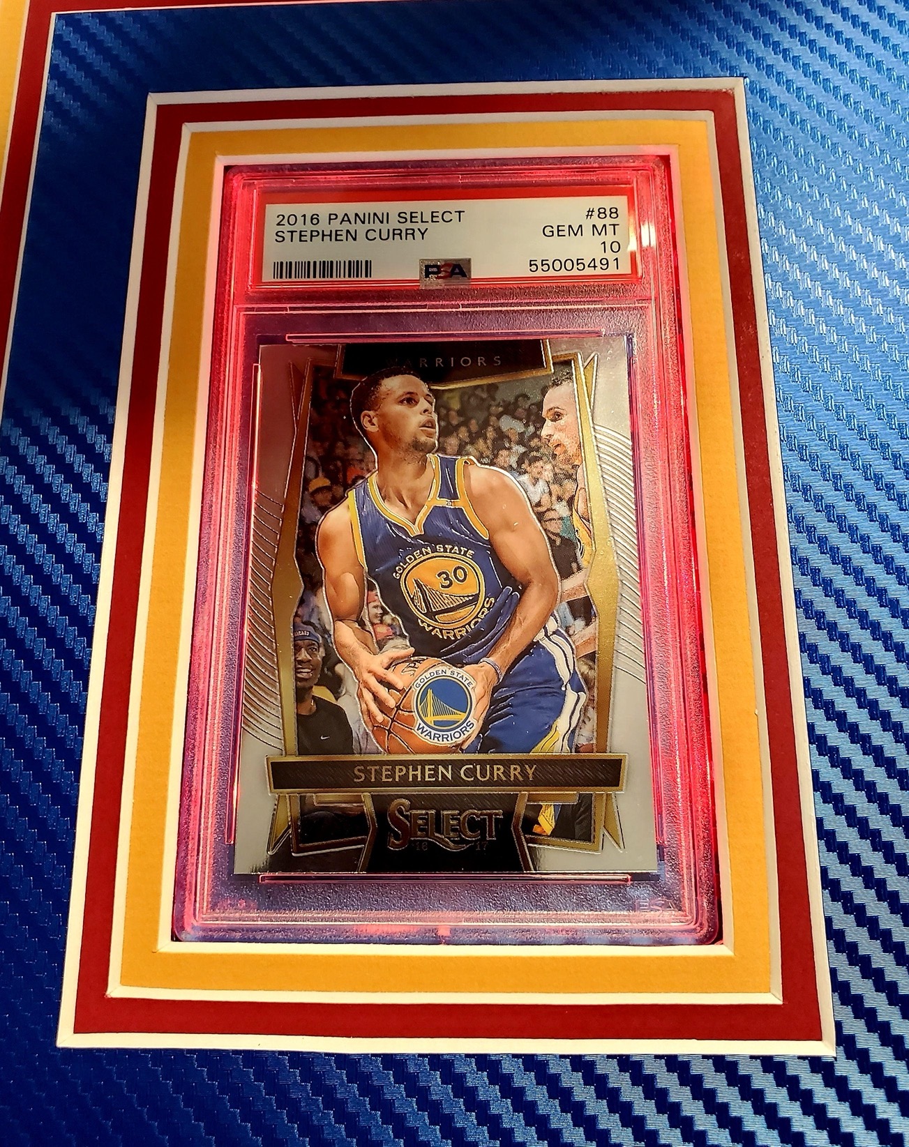 Steph Curry Signed 33x42 Custom Framed LED-Backlit Jersey Display with 2016-17 Select #88 (PSA 10) & 2019-20 Hoops Premium Stock Prizms Pulsar #59 (PSA 10) (JSA & Curry) at PristineAuction.com Steph Curry Signed 33x42 Custom Framed LED-Backlit Jersey Display with 2016-17 Select #88 (PSA 10) & 2019-20 Hoops Premium Stock Prizms Pulsar #59 (PSA 10) (JSA & Curry) at PristineAuction.com