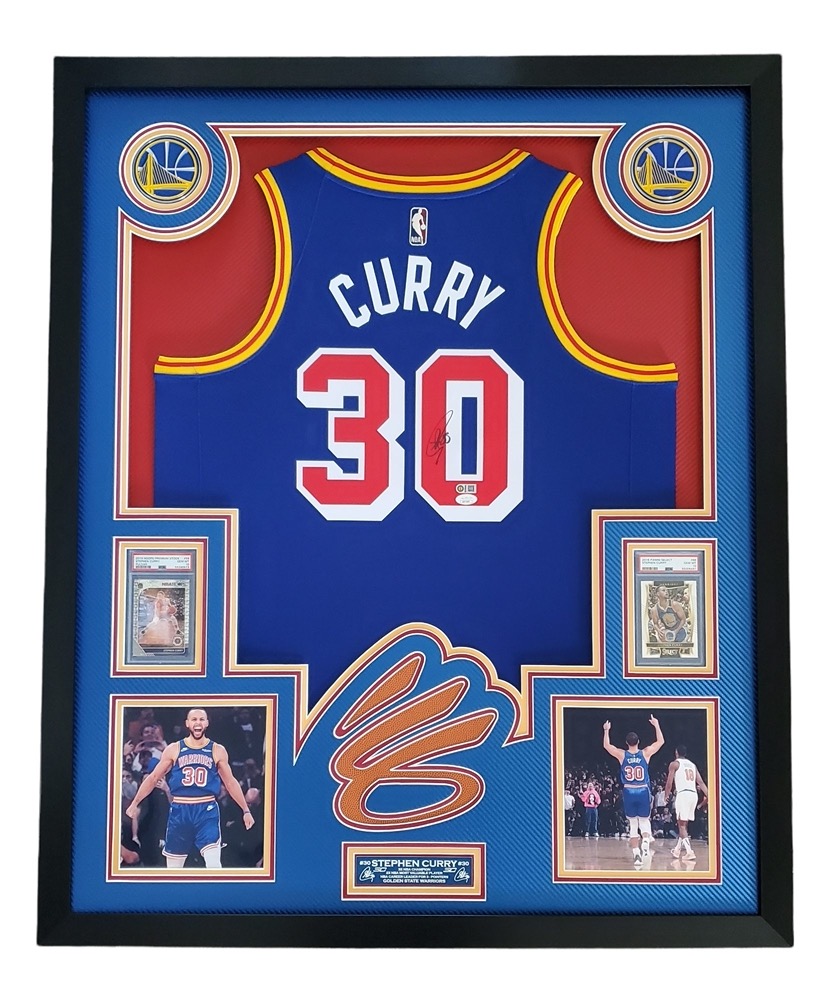Steph Curry Signed 33x42 Custom Framed LED-Backlit Jersey Display with 2016-17 Select #88 (PSA 10) & 2019-20 Hoops Premium Stock Prizms Pulsar #59 (PSA 10) (JSA & Curry) at PristineAuction.com Steph Curry Signed 33x42 Custom Framed LED-Backlit Jersey Display with 2016-17 Select #88 (PSA 10) & 2019-20 Hoops Premium Stock Prizms Pulsar #59 (PSA 10) (JSA & Curry) at PristineAuction.com