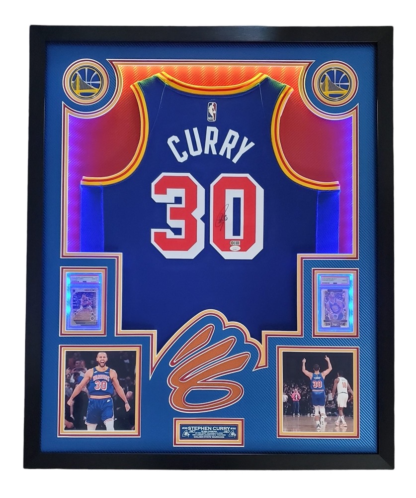 Steph Curry Signed 33x42 Custom Framed LED-Backlit Jersey Display with 2016-17 Select #88 (PSA 10) & 2019-20 Hoops Premium Stock Prizms Pulsar #59 (PSA 10) (JSA & Curry) at PristineAuction.com Steph Curry Signed 33x42 Custom Framed LED-Backlit Jersey Display with 2016-17 Select #88 (PSA 10) & 2019-20 Hoops Premium Stock Prizms Pulsar #59 (PSA 10) (JSA & Curry) at PristineAuction.com