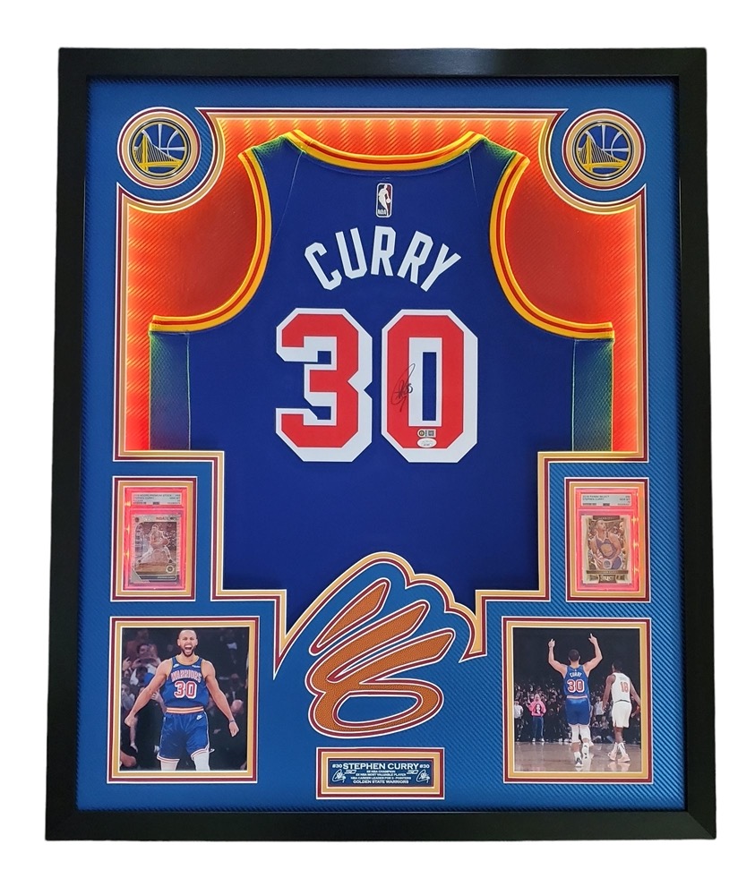 Steph Curry Signed 33x42 Custom Framed LED-Backlit Jersey Display with 2016-17 Select #88 (PSA 10) & 2019-20 Hoops Premium Stock Prizms Pulsar #59 (PSA 10) (JSA & Curry) at PristineAuction.com Steph Curry Signed 33x42 Custom Framed LED-Backlit Jersey Display with 2016-17 Select #88 (PSA 10) & 2019-20 Hoops Premium Stock Prizms Pulsar #59 (PSA 10) (JSA & Curry) at PristineAuction.com
