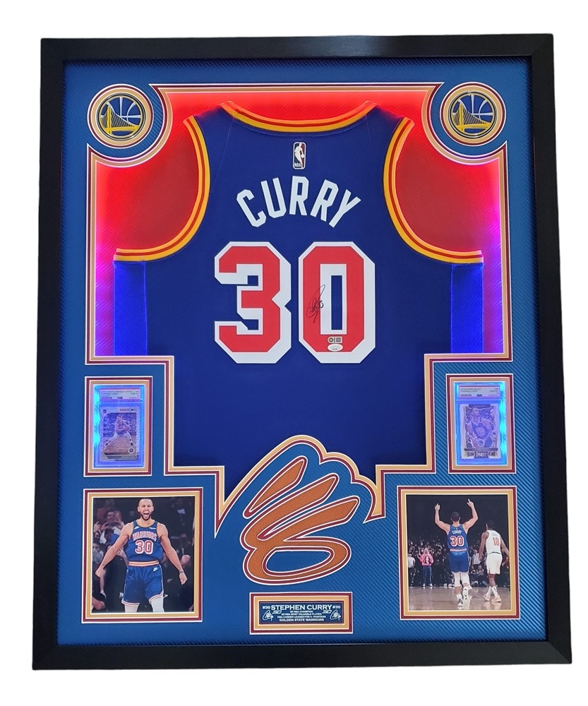 Steph Curry Signed 33x42 Custom Framed LED-Backlit Jersey Display with 2016-17 Select #88 (PSA 10) & 2019-20 Hoops Premium Stock Prizms Pulsar #59 (PSA 10) (JSA & Curry) at PristineAuction.com Steph Curry Signed 33x42 Custom Framed LED-Backlit Jersey Display with 2016-17 Select #88 (PSA 10) & 2019-20 Hoops Premium Stock Prizms Pulsar #59 (PSA 10) (JSA & Curry) at PristineAuction.com