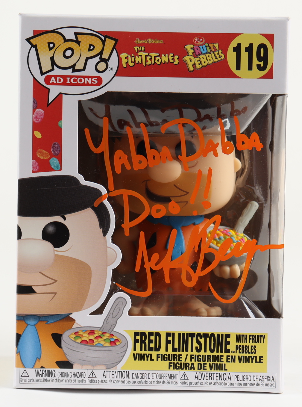 Jeff Bergman Signed "The Flintstones: Fruity Pebbles" #119 Fred Flintstone with Fruity Pebbles Funko Pop! Vinyl Figure Inscribed "Yabba Dabba Doo!!" (PSA) at PristineAuction.com Jeff Bergman Signed "The Flintstones: Fruity Pebbles" #119 Fred Flintstone with Fruity Pebbles Funko Pop! Vinyl Figure Inscribed "Yabba Dabba Doo!!" (PSA) at PristineAuction.com