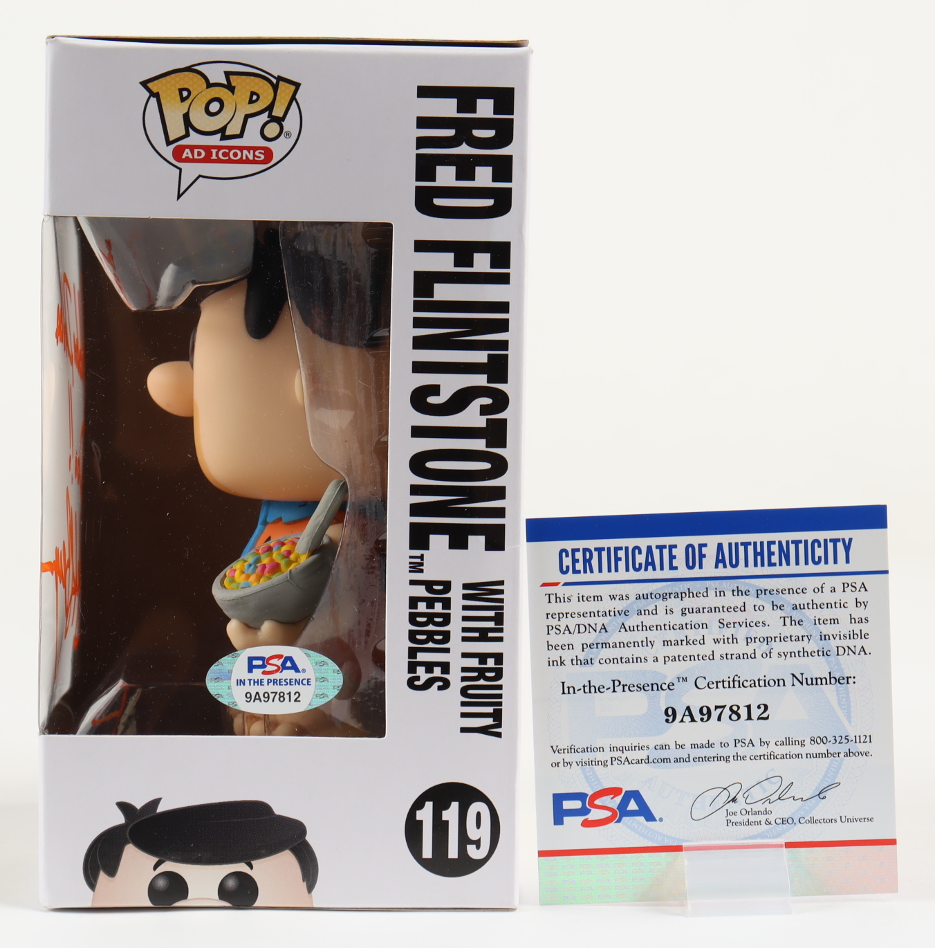 Jeff Bergman Signed "The Flintstones: Fruity Pebbles" #119 Fred Flintstone with Fruity Pebbles Funko Pop! Vinyl Figure Inscribed "Yabba Dabba Doo!!" (PSA) at PristineAuction.com Jeff Bergman Signed "The Flintstones: Fruity Pebbles" #119 Fred Flintstone with Fruity Pebbles Funko Pop! Vinyl Figure Inscribed "Yabba Dabba Doo!!" (PSA) at PristineAuction.com