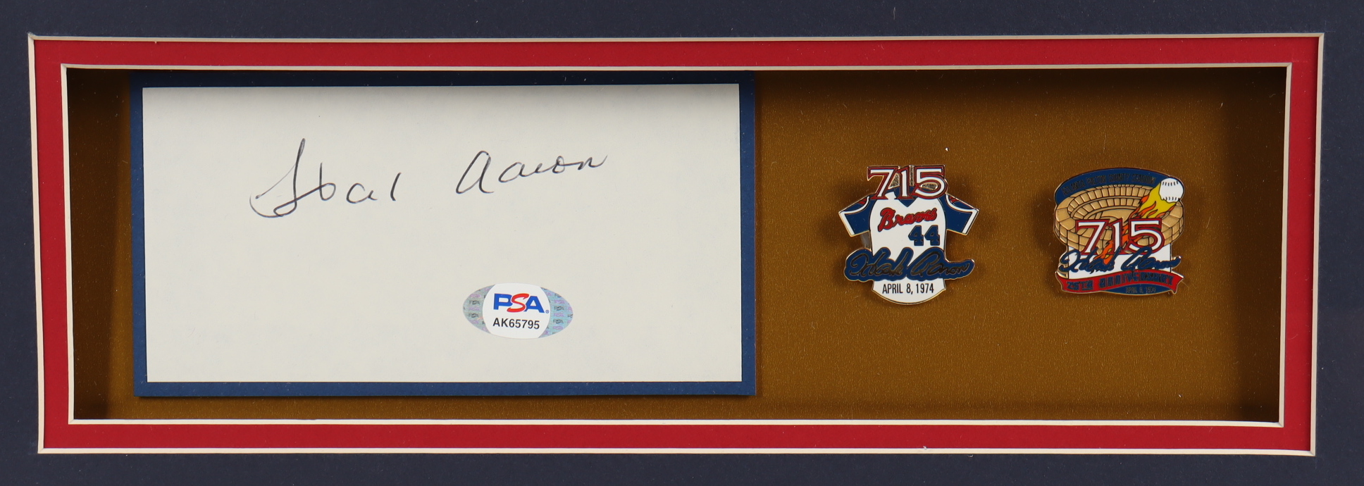 Hank Aaron Signed 32x36 Custom Framed Cut Display with 715 Hank Aaron Pin & 25th Anniversary Pin (PSA) at PristineAuction.com Hank Aaron Signed 32x36 Custom Framed Cut Display with 715 Hank Aaron Pin & 25th Anniversary Pin (PSA) at PristineAuction.com