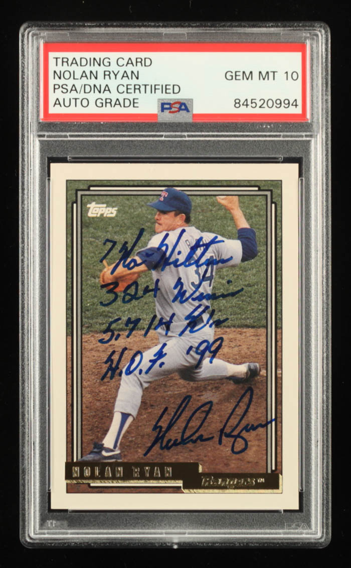 Nolan Ryan Signed 1992 Topps Gold #1 Inscribed "7 No-Hitters," "324 Wins," "5,714 K's" & "H.O.F. '99" (PSA) at PristineAuction.com Nolan Ryan Signed 1992 Topps Gold #1 Inscribed "7 No-Hitters," "324 Wins," "5,714 K's" & "H.O.F. '99" (PSA) at PristineAuction.com