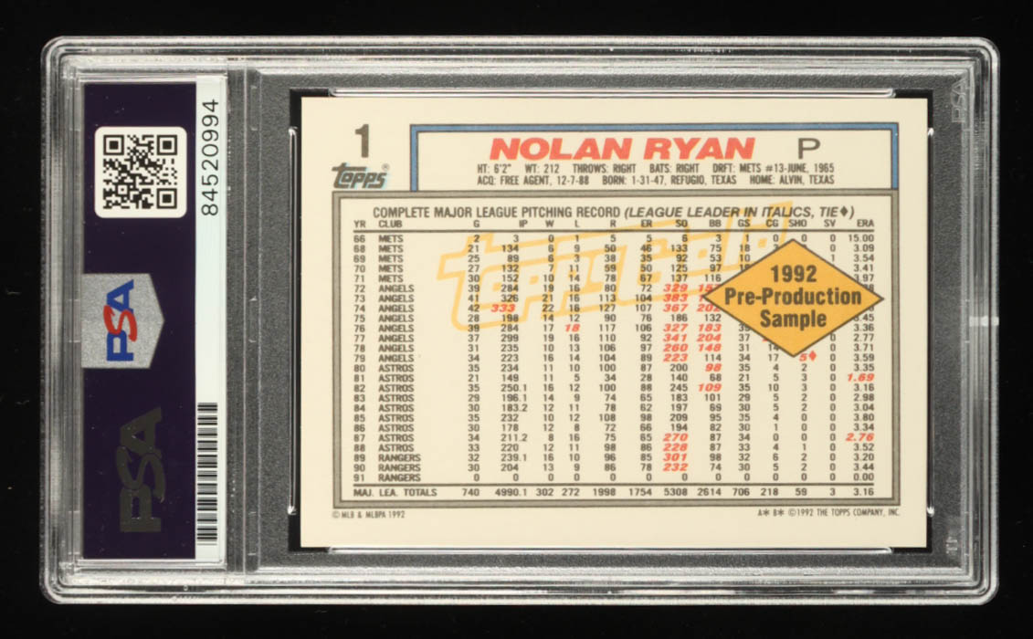Nolan Ryan Signed 1992 Topps Gold #1 Inscribed "7 No-Hitters," "324 Wins," "5,714 K's" & "H.O.F. '99" (PSA) at PristineAuction.com Nolan Ryan Signed 1992 Topps Gold #1 Inscribed "7 No-Hitters," "324 Wins," "5,714 K's" & "H.O.F. '99" (PSA) at PristineAuction.com