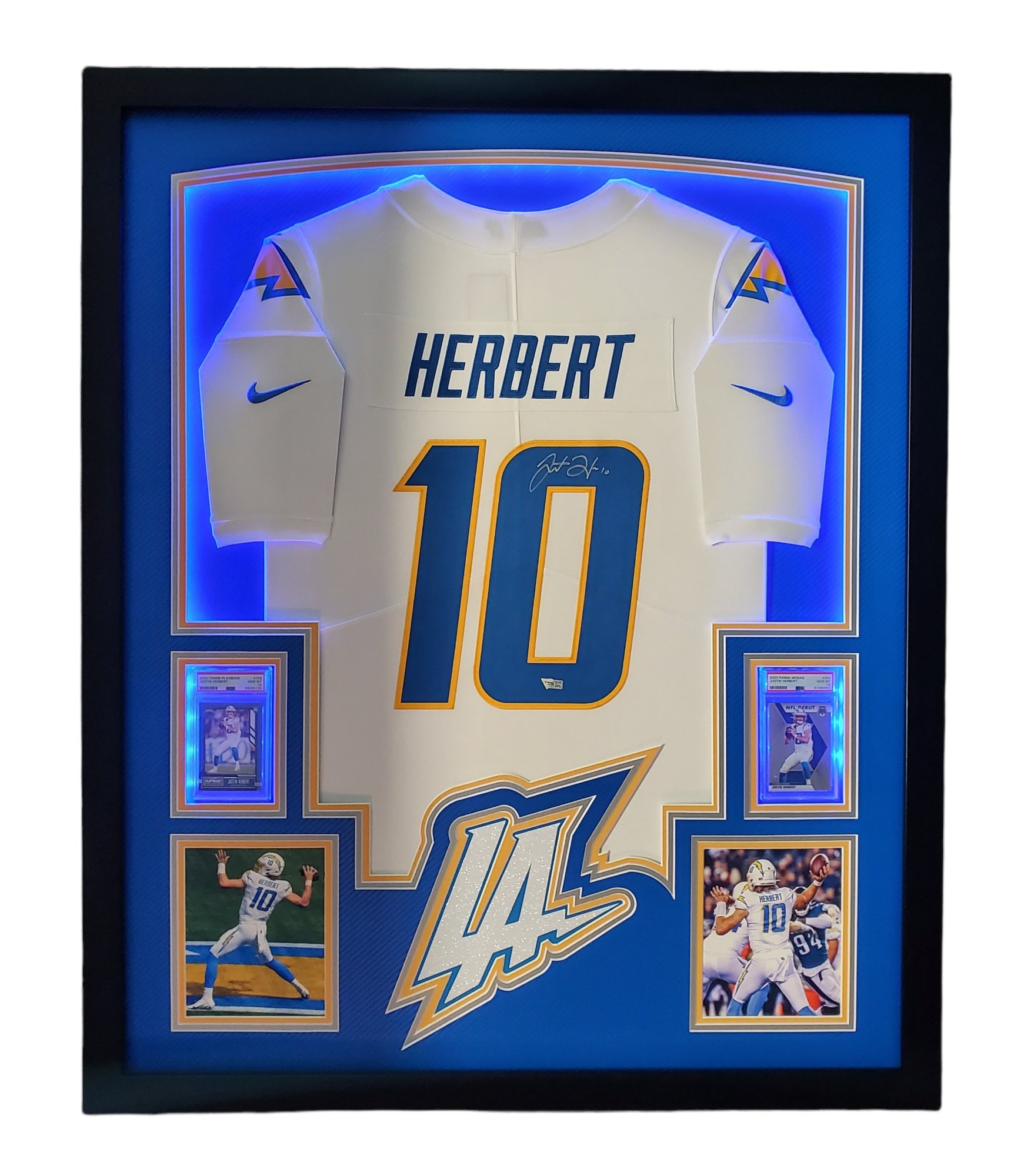 Justin Herbert Signed Chargers 33x42 Custom Framed LED-Backlit Jersey Display with 2020 Panini Playbook #103 RC & 2020 Panini Mosaic #263 DEB (Panini & PSA 10) at PristineAuction.com Justin Herbert Signed Chargers 33x42 Custom Framed LED-Backlit Jersey Display with 2020 Panini Playbook #103 RC & 2020 Panini Mosaic #263 DEB (Panini & PSA 10) at PristineAuction.com