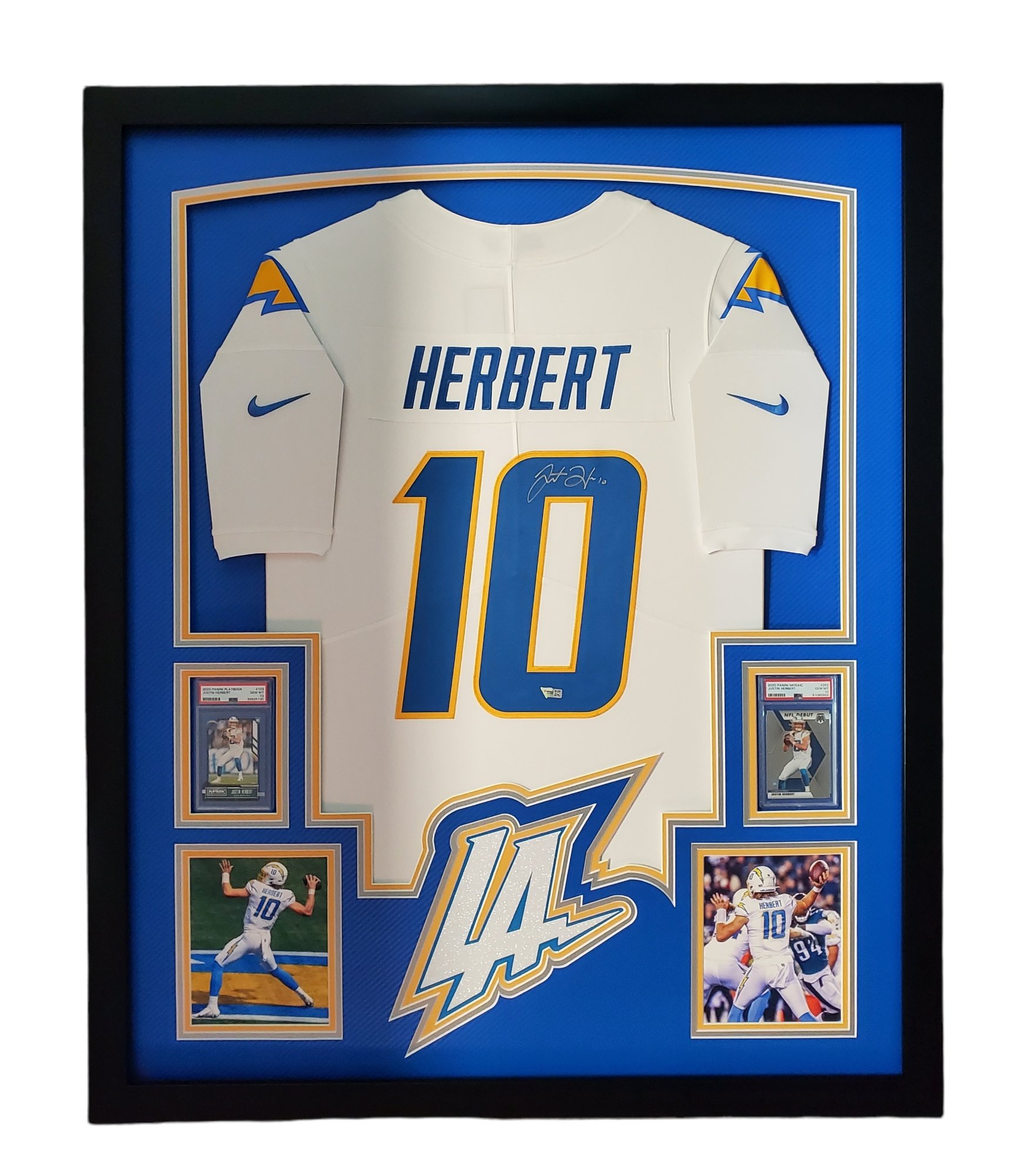 Justin Herbert Signed Chargers 33x42 Custom Framed LED-Backlit Jersey Display with 2020 Panini Playbook #103 RC & 2020 Panini Mosaic #263 DEB (Panini & PSA 10) at PristineAuction.com Justin Herbert Signed Chargers 33x42 Custom Framed LED-Backlit Jersey Display with 2020 Panini Playbook #103 RC & 2020 Panini Mosaic #263 DEB (Panini & PSA 10) at PristineAuction.com
