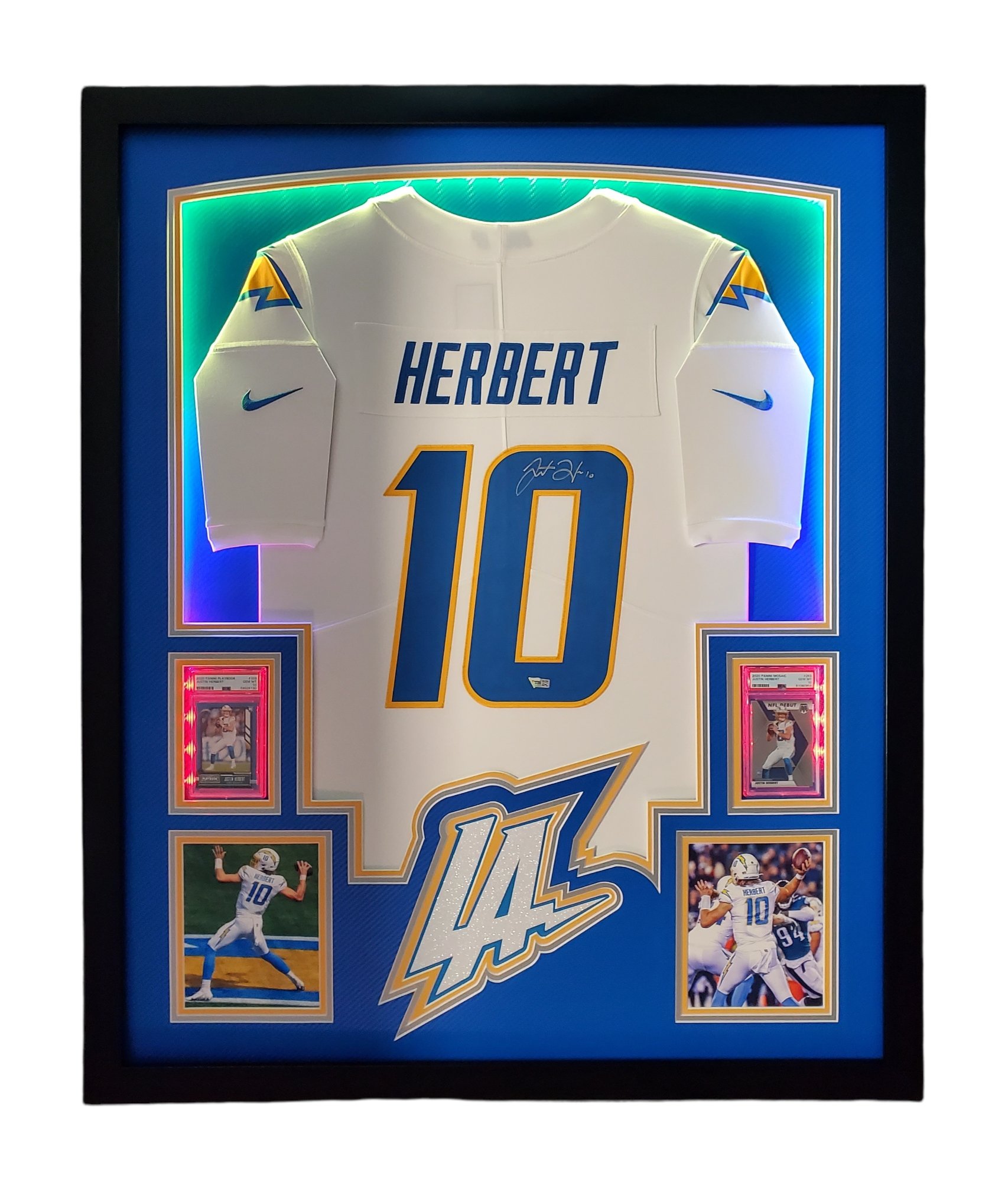 Justin Herbert Signed Chargers 33x42 Custom Framed LED-Backlit Jersey Display with 2020 Panini Playbook #103 RC & 2020 Panini Mosaic #263 DEB (Panini & PSA 10) at PristineAuction.com Justin Herbert Signed Chargers 33x42 Custom Framed LED-Backlit Jersey Display with 2020 Panini Playbook #103 RC & 2020 Panini Mosaic #263 DEB (Panini & PSA 10) at PristineAuction.com