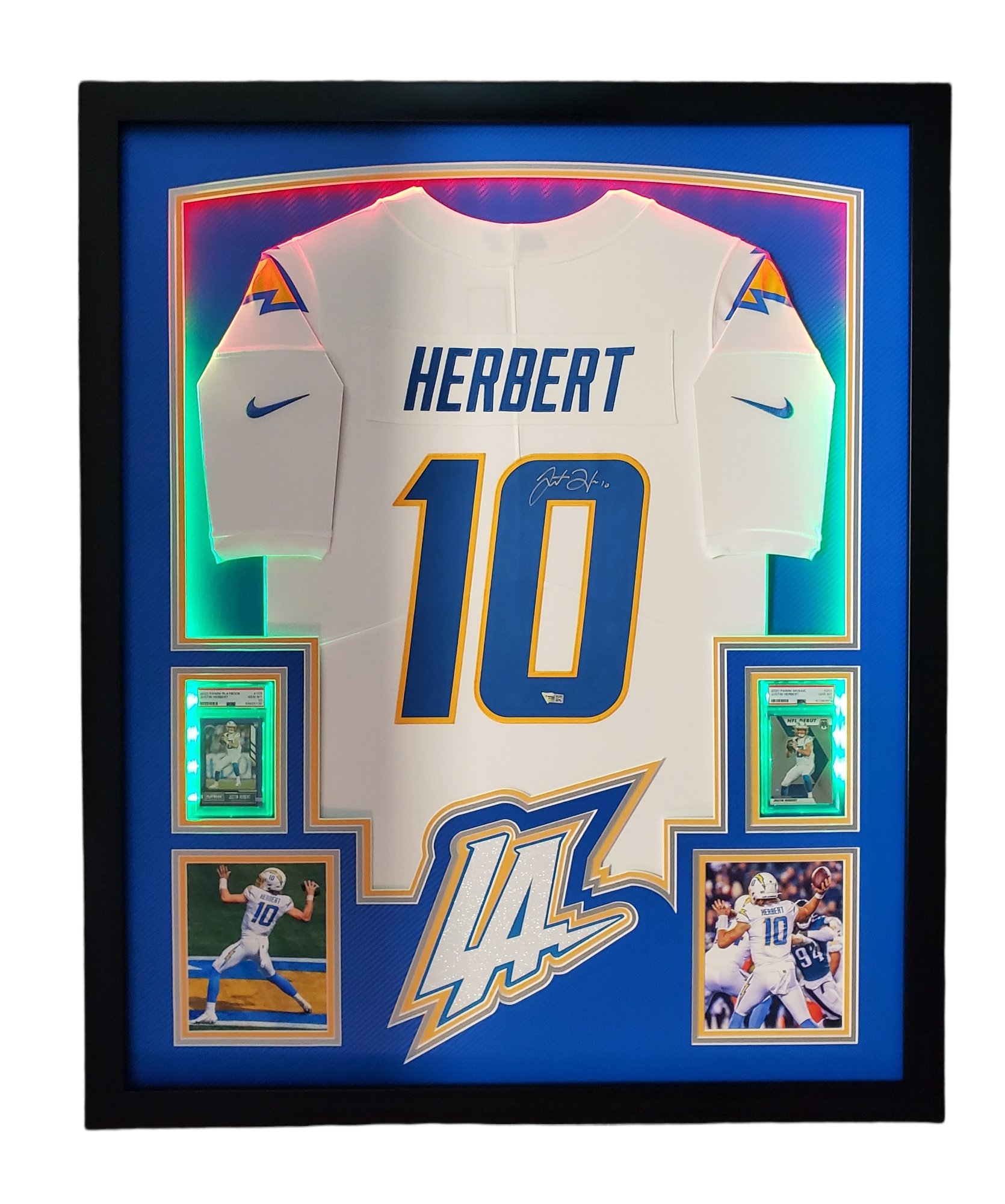 Justin Herbert Signed Chargers 33x42 Custom Framed LED-Backlit Jersey Display with 2020 Panini Playbook #103 RC & 2020 Panini Mosaic #263 DEB (Panini & PSA 10) at PristineAuction.com Justin Herbert Signed Chargers 33x42 Custom Framed LED-Backlit Jersey Display with 2020 Panini Playbook #103 RC & 2020 Panini Mosaic #263 DEB (Panini & PSA 10) at PristineAuction.com