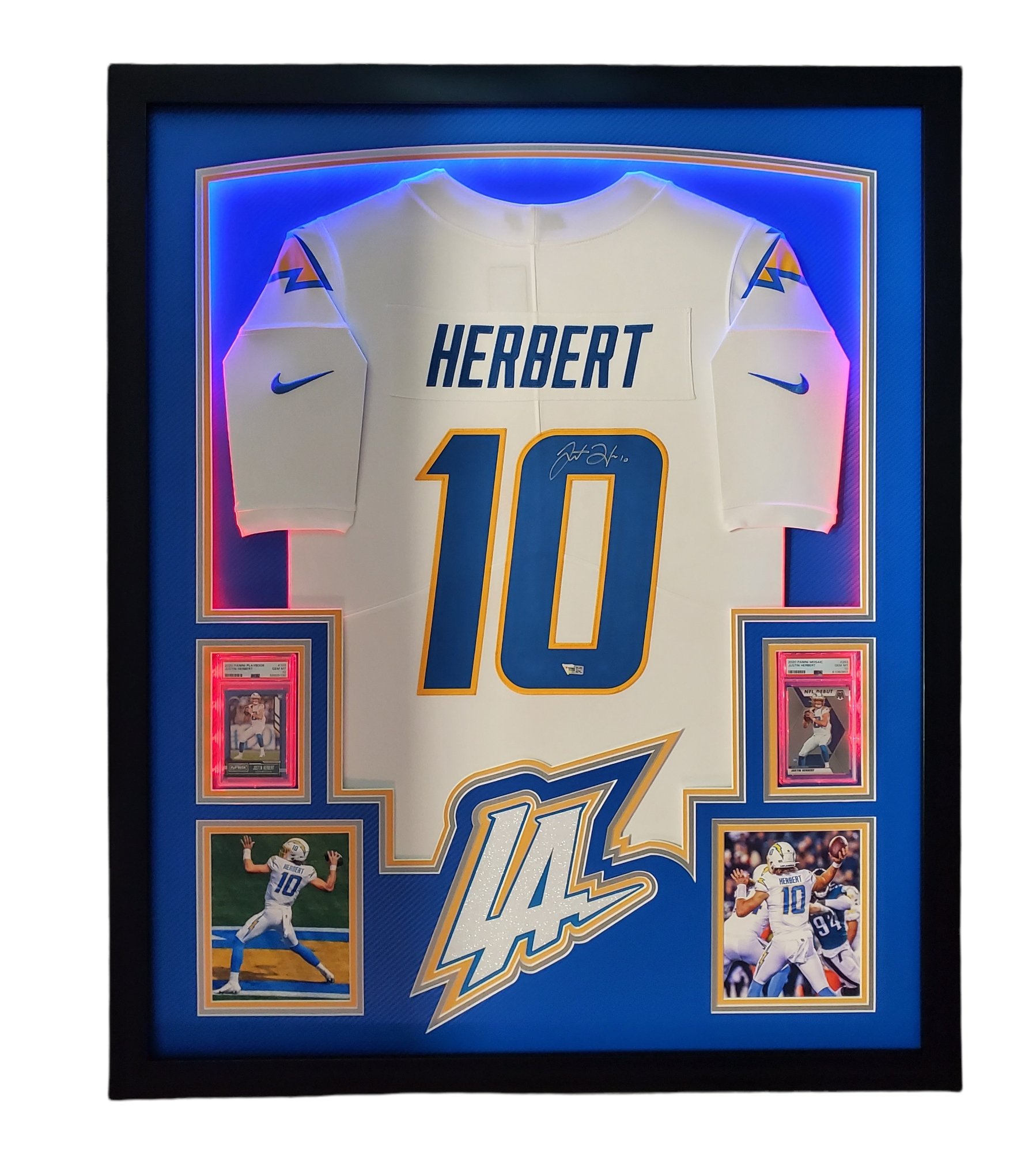 Justin Herbert Signed Chargers 33x42 Custom Framed LED-Backlit Jersey Display with 2020 Panini Playbook #103 RC & 2020 Panini Mosaic #263 DEB (Panini & PSA 10) at PristineAuction.com Justin Herbert Signed Chargers 33x42 Custom Framed LED-Backlit Jersey Display with 2020 Panini Playbook #103 RC & 2020 Panini Mosaic #263 DEB (Panini & PSA 10) at PristineAuction.com