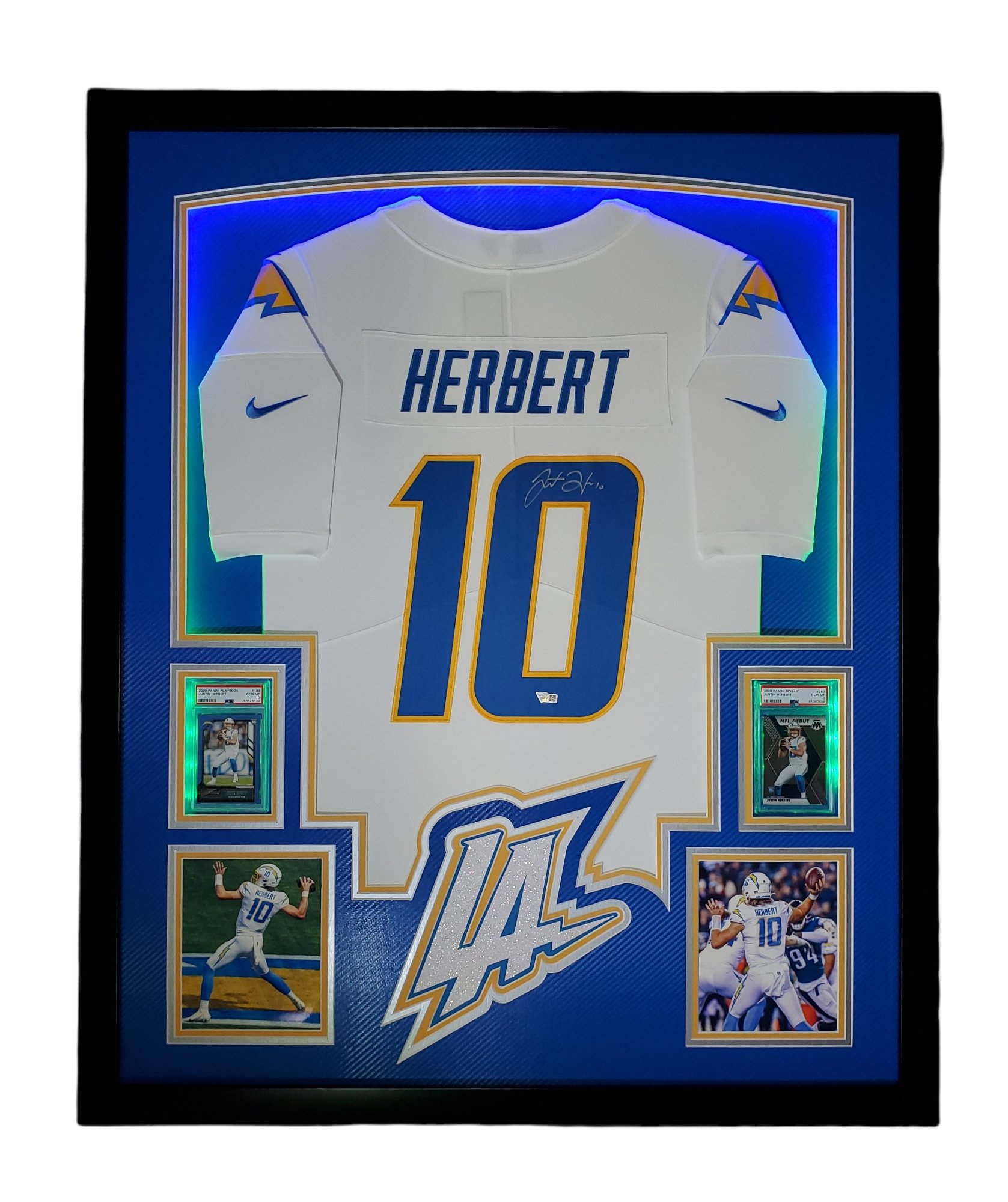 Justin Herbert Signed Chargers 33x42 Custom Framed LED-Backlit Jersey Display with 2020 Panini Playbook #103 RC & 2020 Panini Mosaic #263 DEB (Panini & PSA 10) at PristineAuction.com Justin Herbert Signed Chargers 33x42 Custom Framed LED-Backlit Jersey Display with 2020 Panini Playbook #103 RC & 2020 Panini Mosaic #263 DEB (Panini & PSA 10) at PristineAuction.com