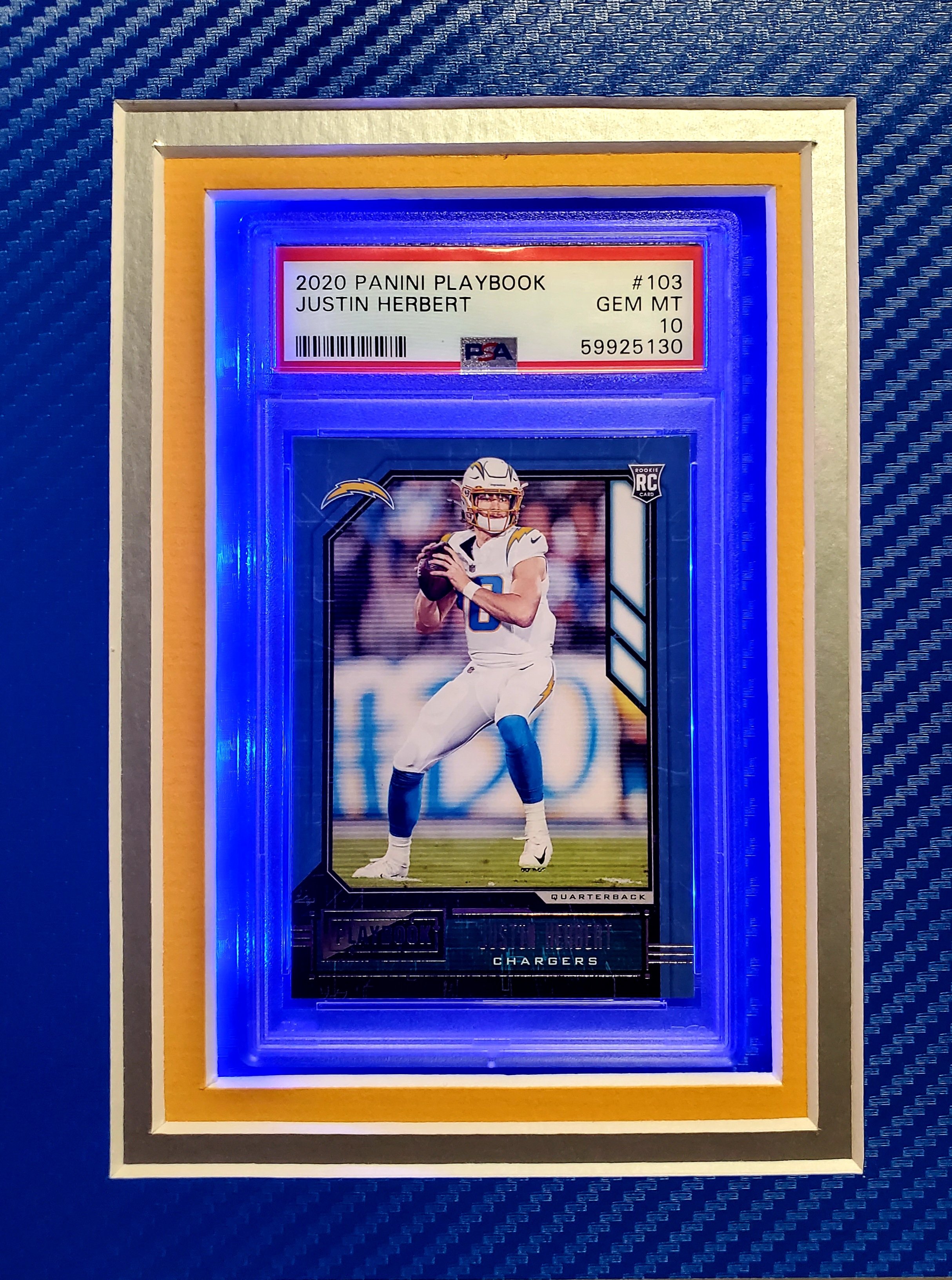 Justin Herbert Signed Chargers 33x42 Custom Framed LED-Backlit Jersey Display with 2020 Panini Playbook #103 RC & 2020 Panini Mosaic #263 DEB (Panini & PSA 10) at PristineAuction.com Justin Herbert Signed Chargers 33x42 Custom Framed LED-Backlit Jersey Display with 2020 Panini Playbook #103 RC & 2020 Panini Mosaic #263 DEB (Panini & PSA 10) at PristineAuction.com