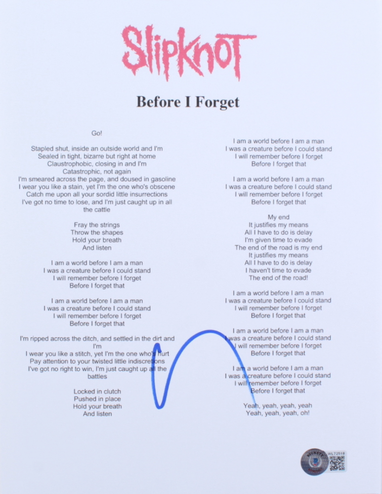 Corey Taylor Signed Slipknot "Before I 8.5x11 Lyric Sheet