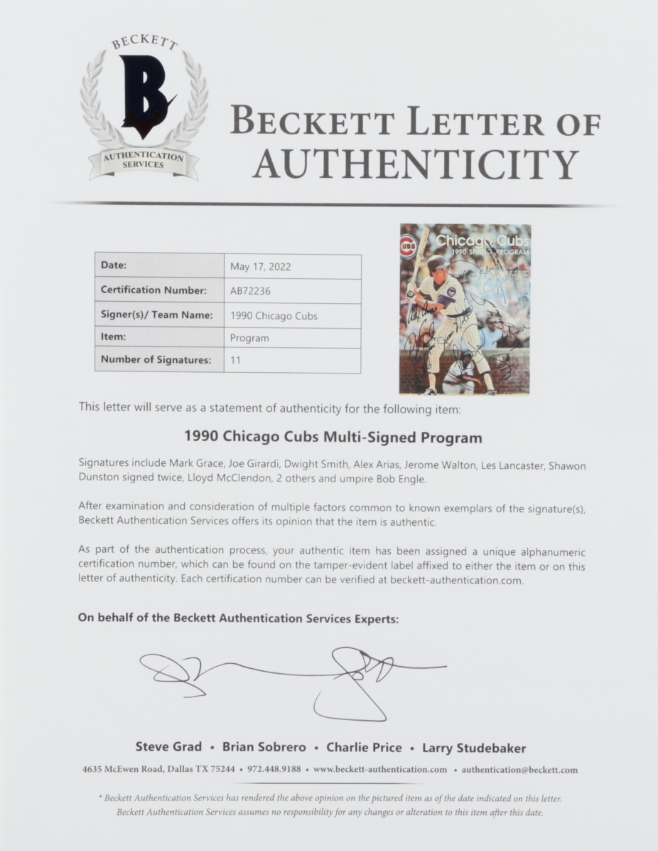 1990 Cubs 8x10 Spring Training Program Signed by (11) with Mark Grace, Joe Girardi, Dwight Smith, Alex Arias, Jerome Walton with Multiple Inscriptions (Beckett) at PristineAuction.com 1990 Cubs 8x10 Spring Training Program Signed by (11) with Mark Grace, Joe Girardi, Dwight Smith, Alex Arias, Jerome Walton with Multiple Inscriptions (Beckett) at PristineAuction.com