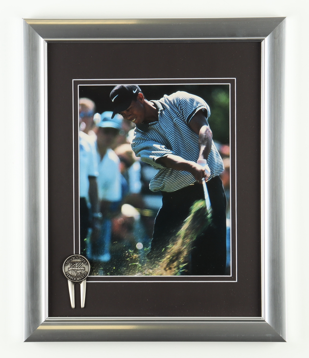 Tiger Woods 13x16 Custom Framed Photo Display with Pebble Beach Divot Repair Tool at PristineAuction.com Tiger Woods 13x16 Custom Framed Photo Display with Pebble Beach Divot Repair Tool at PristineAuction.com