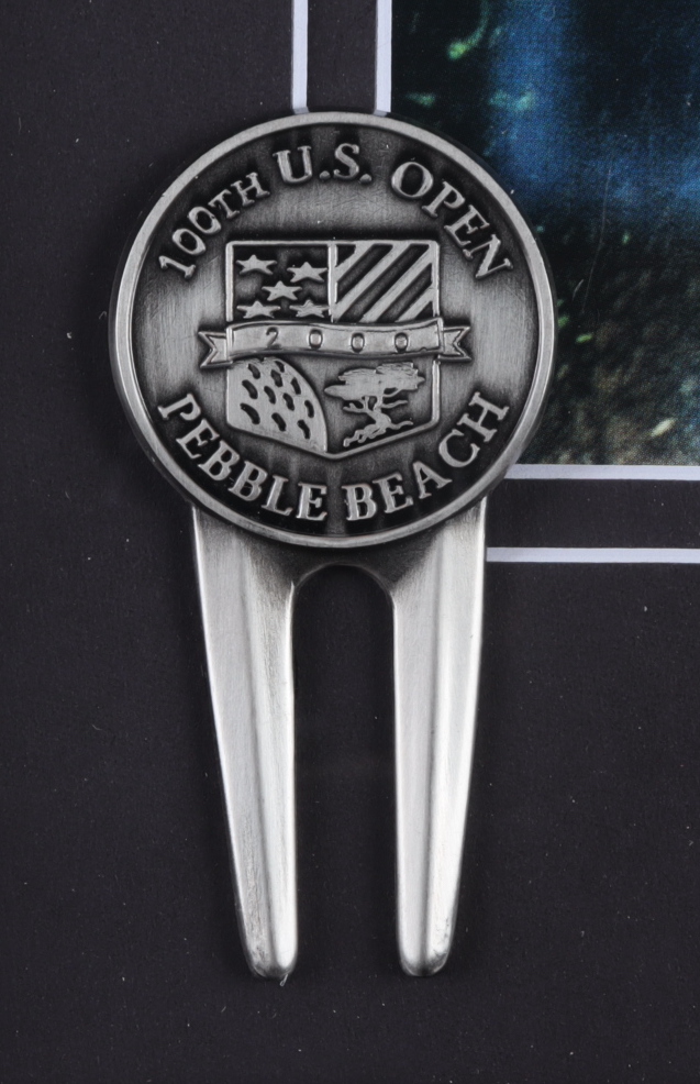 Tiger Woods 13x16 Custom Framed Photo Display with Pebble Beach Divot Repair Tool at PristineAuction.com Tiger Woods 13x16 Custom Framed Photo Display with Pebble Beach Divot Repair Tool at PristineAuction.com