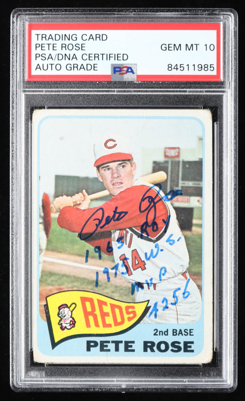 Pete Rose Signed 1965 Topps #207 with Multiple Inscriptions (PSA) at PristineAuction.com Pete Rose Signed 1965 Topps #207 with Multiple Inscriptions (PSA) at PristineAuction.com