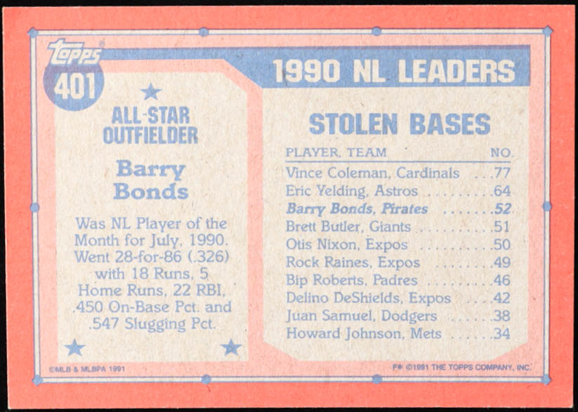 Barry Bonds 1991 Topps #401 All Star at PristineAuction.com Barry Bonds 1991 Topps #401 All Star at PristineAuction.com