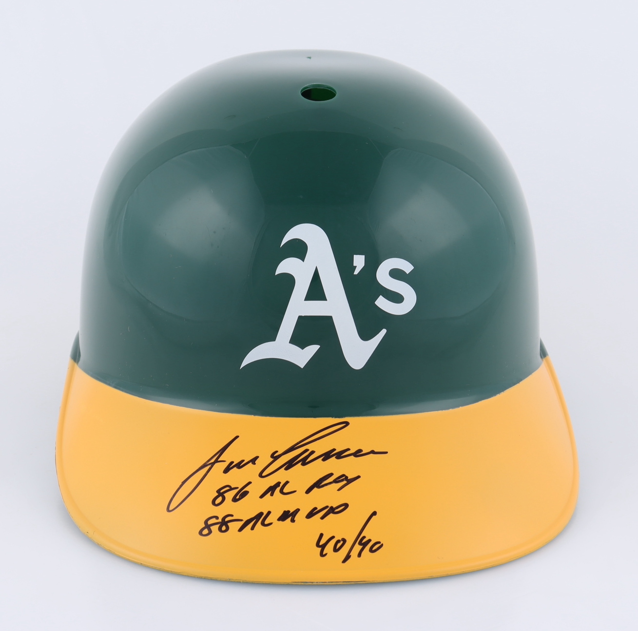Jose Canseco Signed Athletics Full-Size Batting Helmet Inscribed "86 AL ROY," "88 AL MVP," & "40/40" (Beckett) at PristineAuction.com Jose Canseco Signed Athletics Full-Size Batting Helmet Inscribed "86 AL ROY," "88 AL MVP," & "40/40" (Beckett) at PristineAuction.com