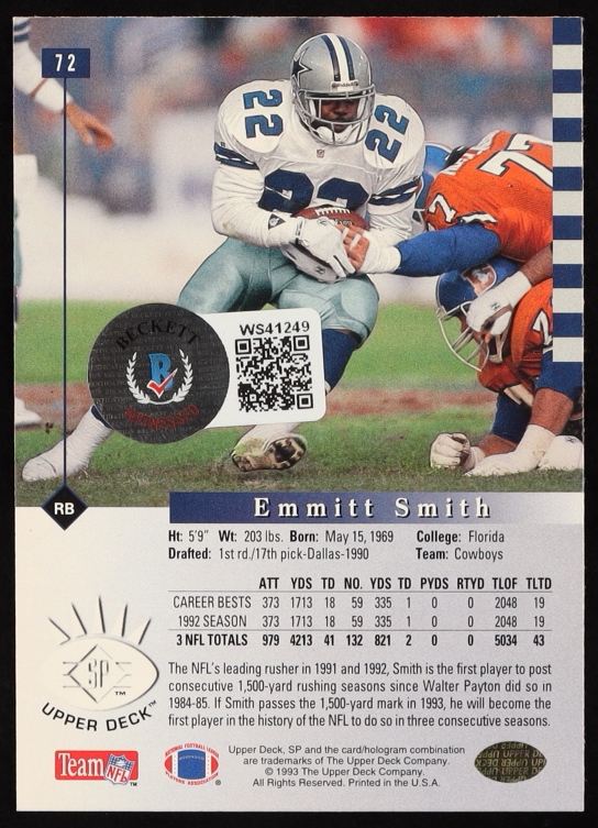 Emmitt Smith Signed 1993 SP #72 (Beckett) at PristineAuction.com Emmitt Smith Signed 1993 SP #72 (Beckett) at PristineAuction.com