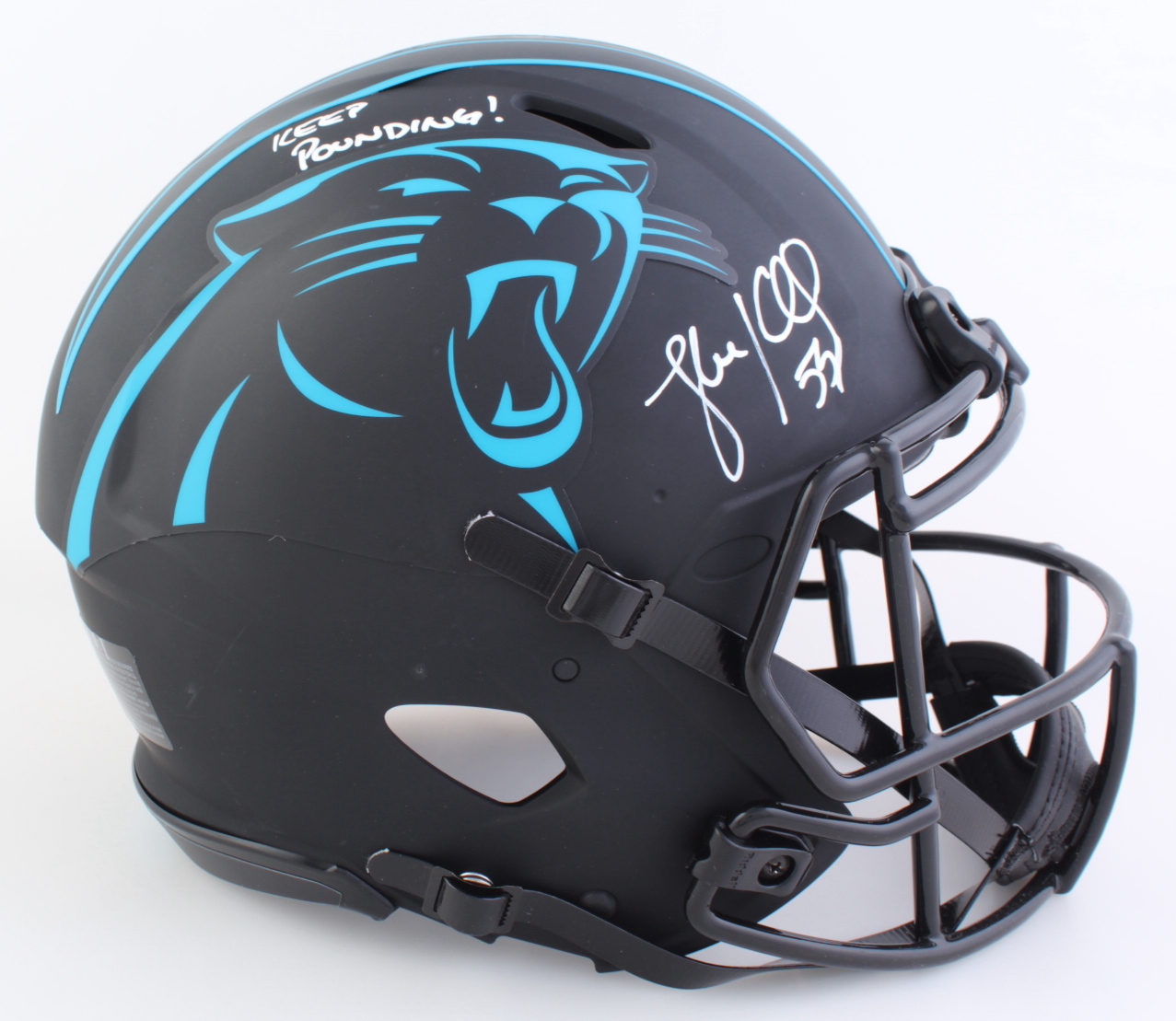Luke Kuechly Signed Panthers Full-Size Authentic On-Field Eclipse Alternate Speed Helmet Inscribed "Keep Pounding!" (Beckett) at PristineAuction.com Luke Kuechly Signed Panthers Full-Size Authentic On-Field Eclipse Alternate Speed Helmet Inscribed "Keep Pounding!" (Beckett) at PristineAuction.com