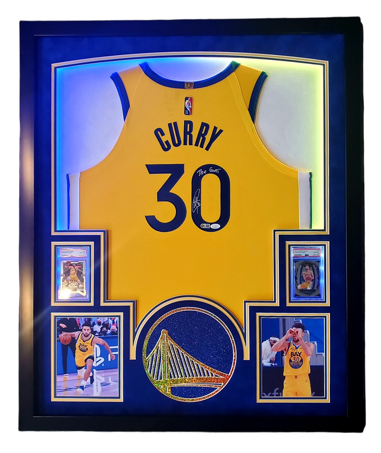 Steph Curry Signed 33x42 Custom Framed LED-Backlit Jersey Display with 2018-19 Select #108 (PSA 10) & 2019-20 Panini Prizm #98 (PSA 10) (JSA & Curry) at PristineAuction.com Steph Curry Signed 33x42 Custom Framed LED-Backlit Jersey Display with 2018-19 Select #108 (PSA 10) & 2019-20 Panini Prizm #98 (PSA 10) (JSA & Curry) at PristineAuction.com