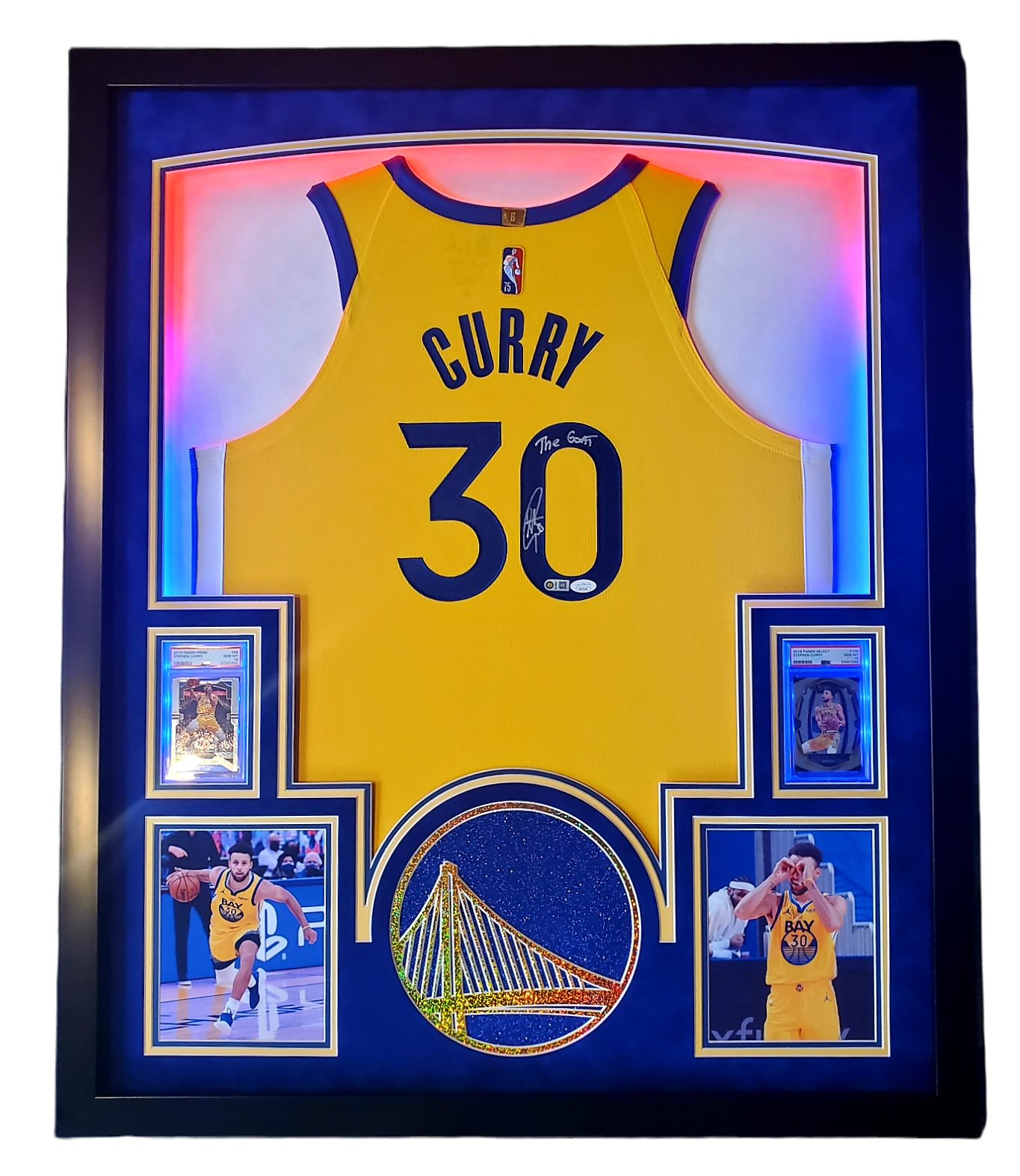 Steph Curry Signed 33x42 Custom Framed LED-Backlit Jersey Display with 2018-19 Select #108 (PSA 10) & 2019-20 Panini Prizm #98 (PSA 10) (JSA & Curry) at PristineAuction.com Steph Curry Signed 33x42 Custom Framed LED-Backlit Jersey Display with 2018-19 Select #108 (PSA 10) & 2019-20 Panini Prizm #98 (PSA 10) (JSA & Curry) at PristineAuction.com