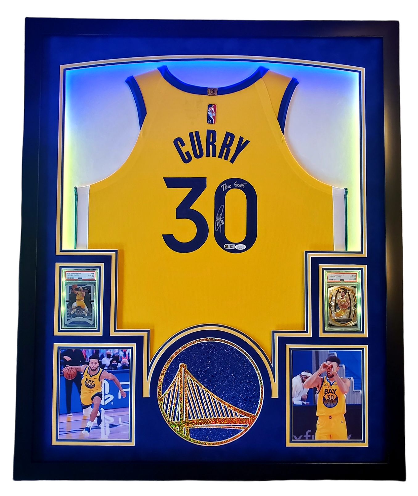 Steph Curry Signed 33x42 Custom Framed LED-Backlit Jersey Display with 2018-19 Select #108 (PSA 10) & 2019-20 Panini Prizm #98 (PSA 10) (JSA & Curry) at PristineAuction.com Steph Curry Signed 33x42 Custom Framed LED-Backlit Jersey Display with 2018-19 Select #108 (PSA 10) & 2019-20 Panini Prizm #98 (PSA 10) (JSA & Curry) at PristineAuction.com