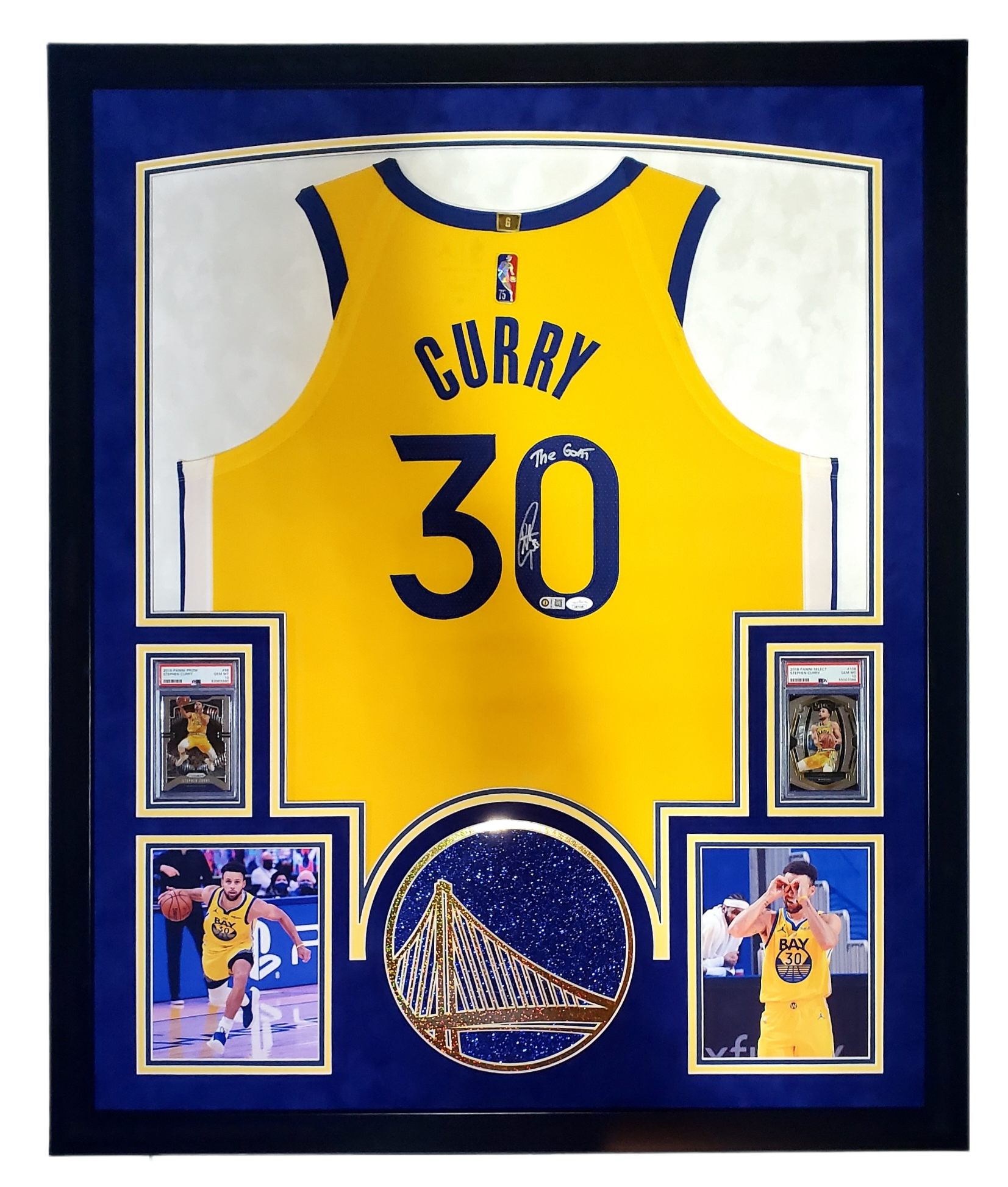 Steph Curry Signed 33x42 Custom Framed LED-Backlit Jersey Display with 2018-19 Select #108 (PSA 10) & 2019-20 Panini Prizm #98 (PSA 10) (JSA & Curry) at PristineAuction.com Steph Curry Signed 33x42 Custom Framed LED-Backlit Jersey Display with 2018-19 Select #108 (PSA 10) & 2019-20 Panini Prizm #98 (PSA 10) (JSA & Curry) at PristineAuction.com
