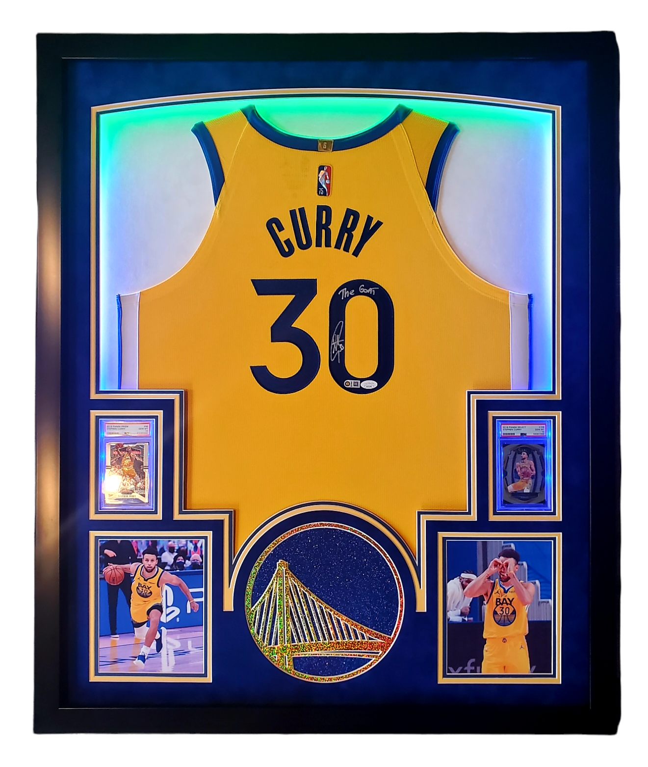 Steph Curry Signed 33x42 Custom Framed LED-Backlit Jersey Display with 2018-19 Select #108 (PSA 10) & 2019-20 Panini Prizm #98 (PSA 10) (JSA & Curry) at PristineAuction.com Steph Curry Signed 33x42 Custom Framed LED-Backlit Jersey Display with 2018-19 Select #108 (PSA 10) & 2019-20 Panini Prizm #98 (PSA 10) (JSA & Curry) at PristineAuction.com