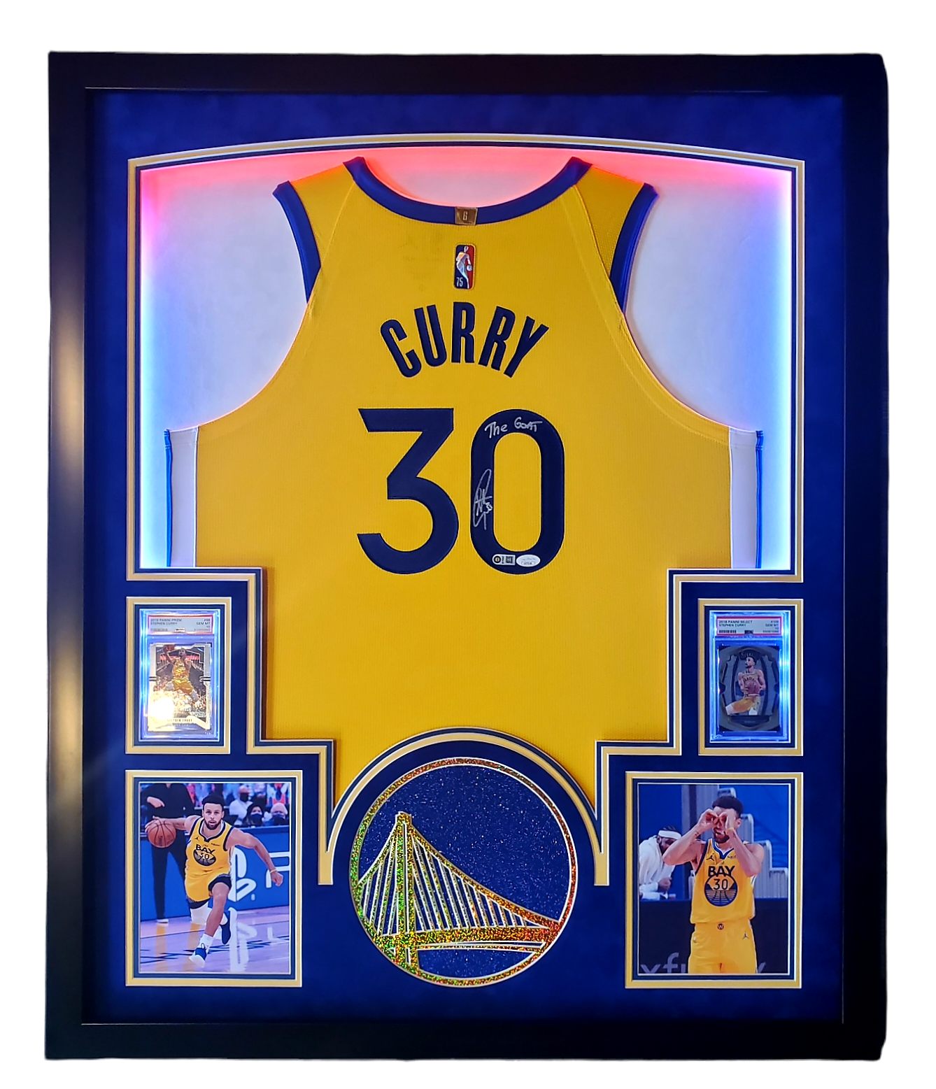 Steph Curry Signed 33x42 Custom Framed LED-Backlit Jersey Display with 2018-19 Select #108 (PSA 10) & 2019-20 Panini Prizm #98 (PSA 10) (JSA & Curry) at PristineAuction.com Steph Curry Signed 33x42 Custom Framed LED-Backlit Jersey Display with 2018-19 Select #108 (PSA 10) & 2019-20 Panini Prizm #98 (PSA 10) (JSA & Curry) at PristineAuction.com