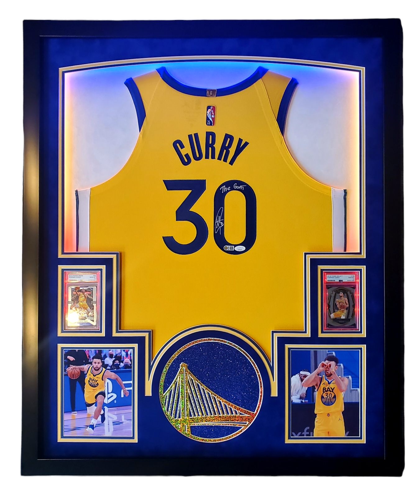 Steph Curry Signed 33x42 Custom Framed LED-Backlit Jersey Display with 2018-19 Select #108 (PSA 10) & 2019-20 Panini Prizm #98 (PSA 10) (JSA & Curry) at PristineAuction.com Steph Curry Signed 33x42 Custom Framed LED-Backlit Jersey Display with 2018-19 Select #108 (PSA 10) & 2019-20 Panini Prizm #98 (PSA 10) (JSA & Curry) at PristineAuction.com