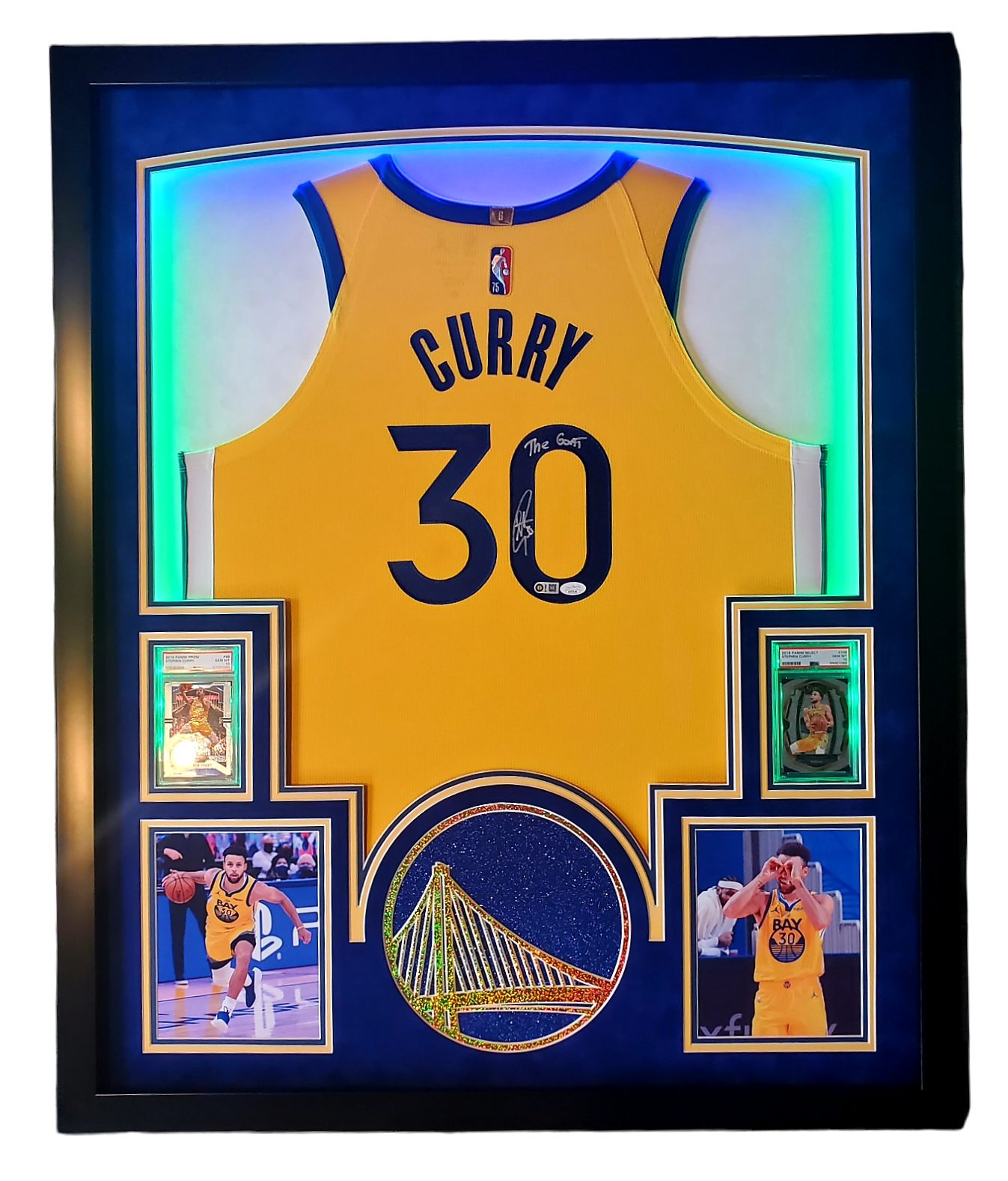 Steph Curry Signed 33x42 Custom Framed LED-Backlit Jersey Display with 2018-19 Select #108 (PSA 10) & 2019-20 Panini Prizm #98 (PSA 10) (JSA & Curry) at PristineAuction.com Steph Curry Signed 33x42 Custom Framed LED-Backlit Jersey Display with 2018-19 Select #108 (PSA 10) & 2019-20 Panini Prizm #98 (PSA 10) (JSA & Curry) at PristineAuction.com