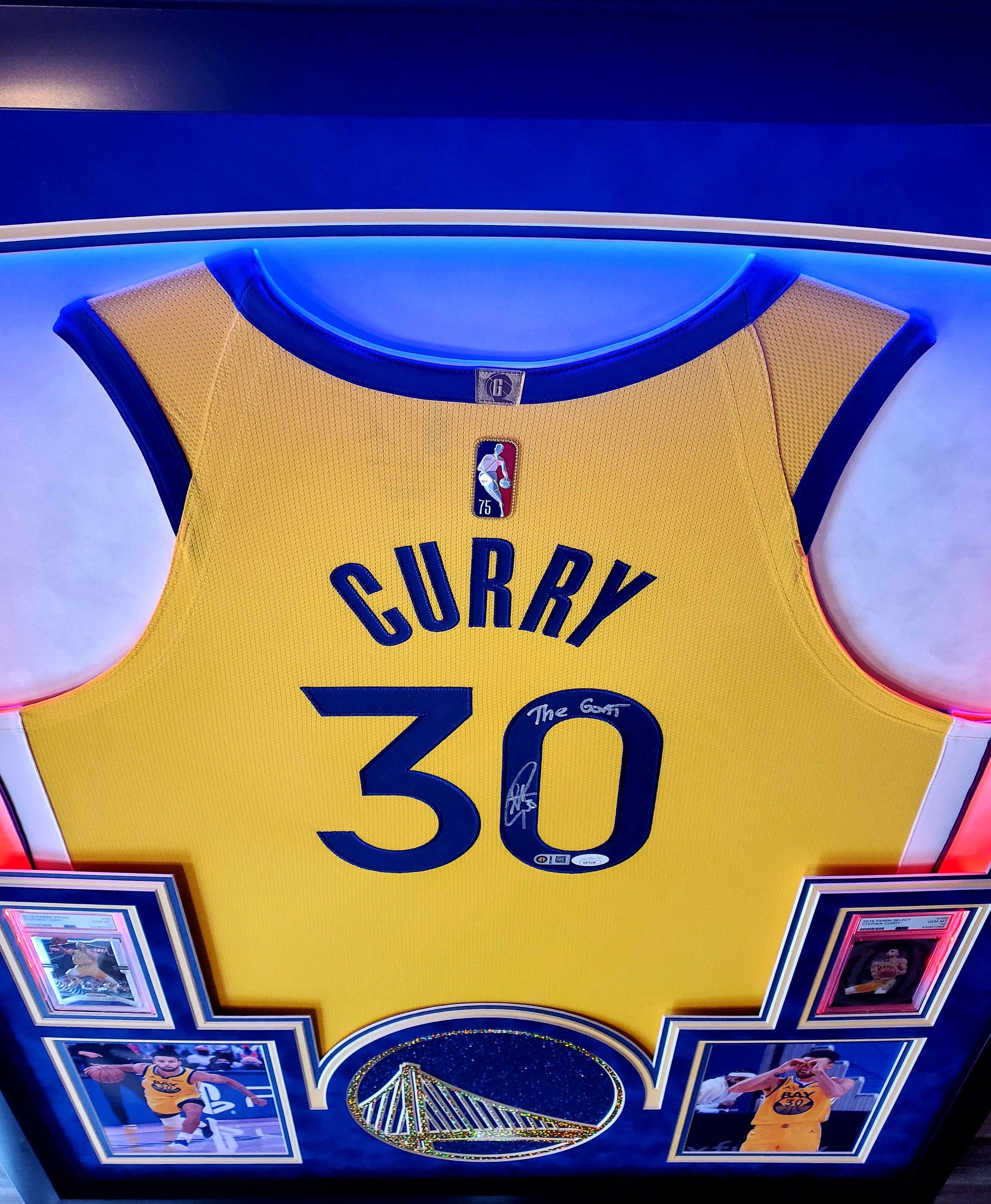 Steph Curry Signed 33x42 Custom Framed LED-Backlit Jersey Display with 2018-19 Select #108 (PSA 10) & 2019-20 Panini Prizm #98 (PSA 10) (JSA & Curry) at PristineAuction.com Steph Curry Signed 33x42 Custom Framed LED-Backlit Jersey Display with 2018-19 Select #108 (PSA 10) & 2019-20 Panini Prizm #98 (PSA 10) (JSA & Curry) at PristineAuction.com