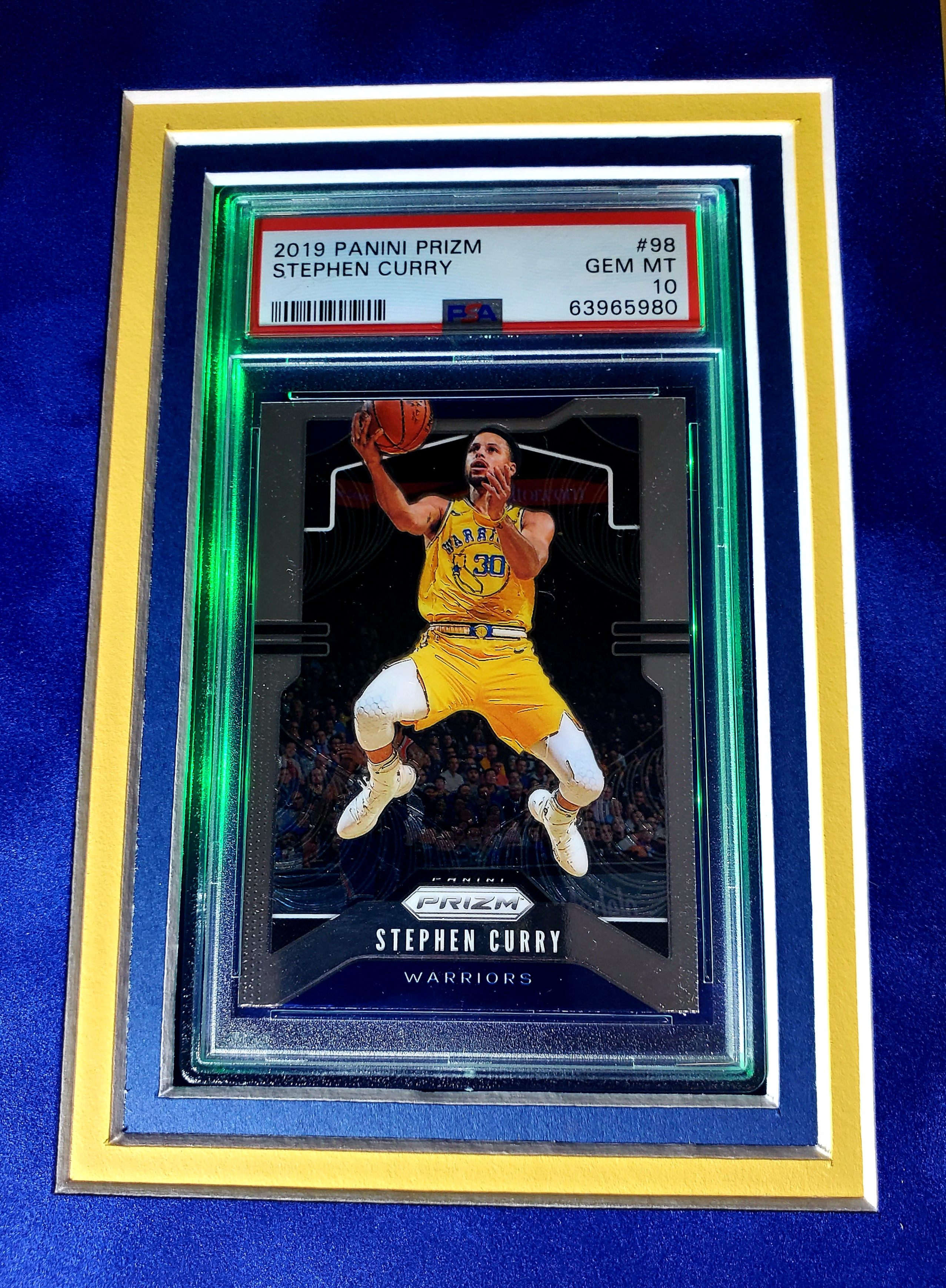 Steph Curry Signed 33x42 Custom Framed LED-Backlit Jersey Display with 2018-19 Select #108 (PSA 10) & 2019-20 Panini Prizm #98 (PSA 10) (JSA & Curry) at PristineAuction.com Steph Curry Signed 33x42 Custom Framed LED-Backlit Jersey Display with 2018-19 Select #108 (PSA 10) & 2019-20 Panini Prizm #98 (PSA 10) (JSA & Curry) at PristineAuction.com