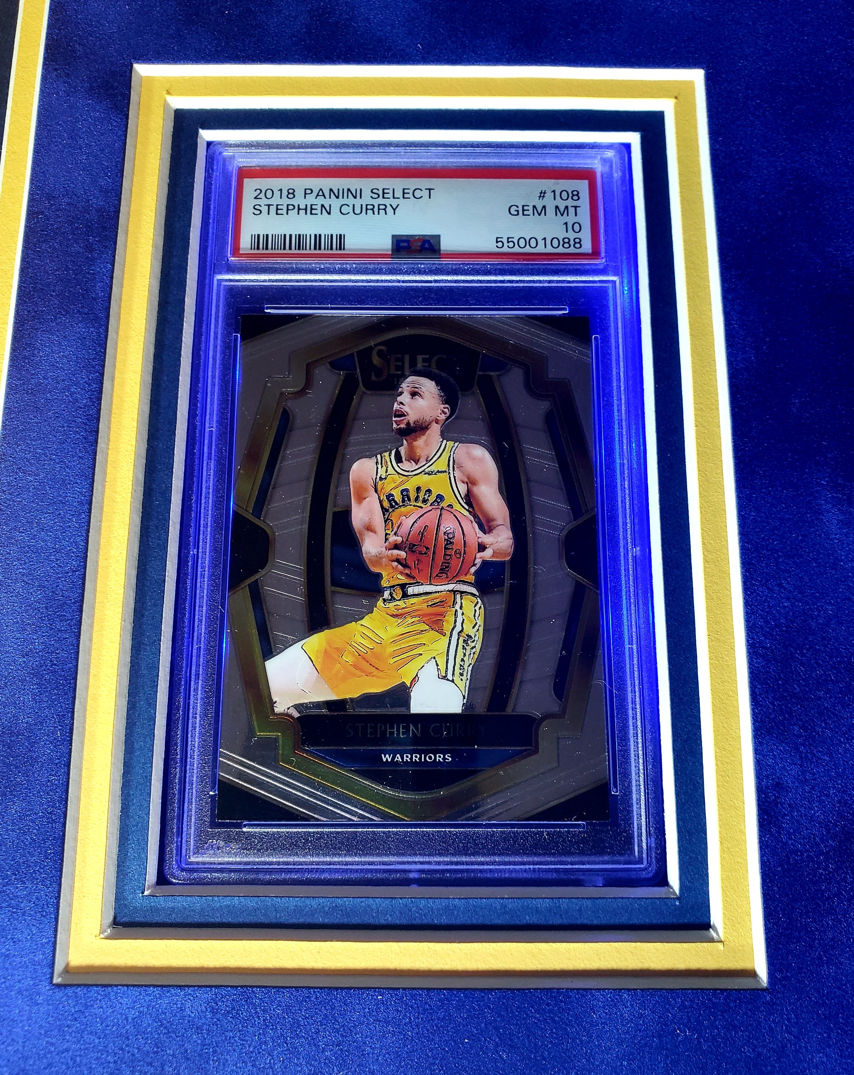 Steph Curry Signed 33x42 Custom Framed LED-Backlit Jersey Display with 2018-19 Select #108 (PSA 10) & 2019-20 Panini Prizm #98 (PSA 10) (JSA & Curry) at PristineAuction.com Steph Curry Signed 33x42 Custom Framed LED-Backlit Jersey Display with 2018-19 Select #108 (PSA 10) & 2019-20 Panini Prizm #98 (PSA 10) (JSA & Curry) at PristineAuction.com