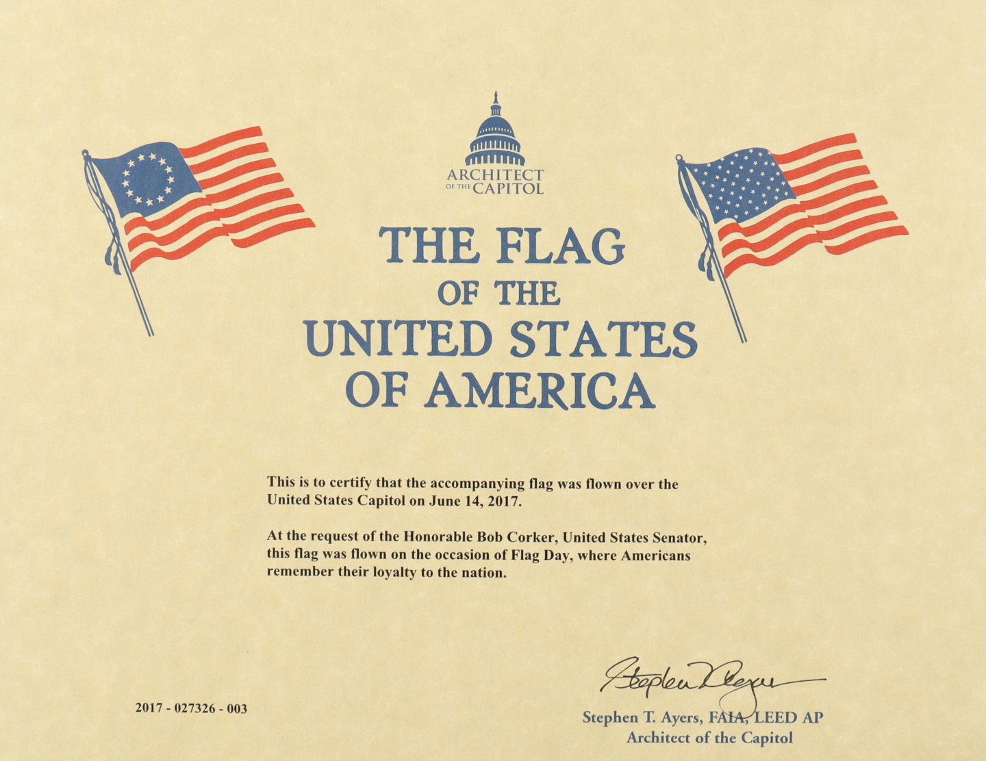 American Flag Flown Over the Capitol on June 14, 2017 (Architect of the Capitol) at PristineAuction.com American Flag Flown Over the Capitol on June 14, 2017 (Architect of the Capitol) at PristineAuction.com