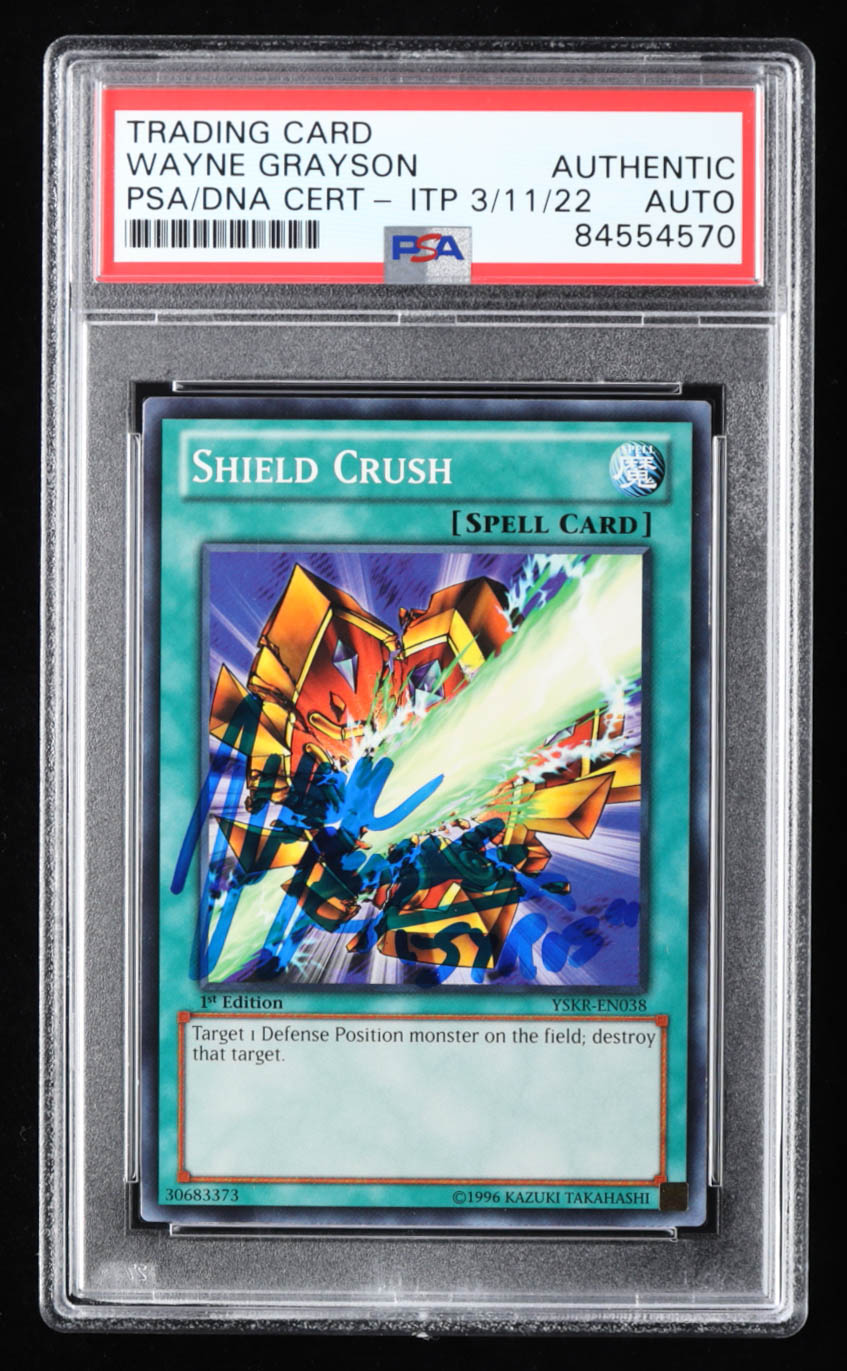 Wayne Grayson Signed Shield Crush 2013 YuGiOh Starter Deck Kaiba Reloaded #YSKREN038 Inscribed "Syrus" (PSA) at PristineAuction.com Wayne Grayson Signed Shield Crush 2013 YuGiOh Starter Deck Kaiba Reloaded #YSKREN038 Inscribed "Syrus" (PSA) at PristineAuction.com