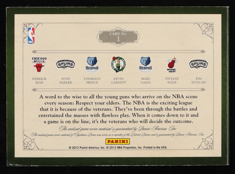 Tayshaun Prince / Tim Duncan / Tony Parker / Marc Gasol / Kevin Garnett / Dwyane Wade / Derrick Rose 2012-13 Panini Preferred Veteran Memorabilia Prime #1 #18/25 at PristineAuction.com Tayshaun Prince / Tim Duncan / Tony Parker / Marc Gasol / Kevin Garnett / Dwyane Wade / Derrick Rose 2012-13 Panini Preferred Veteran Memorabilia Prime #1 #18/25 at PristineAuction.com