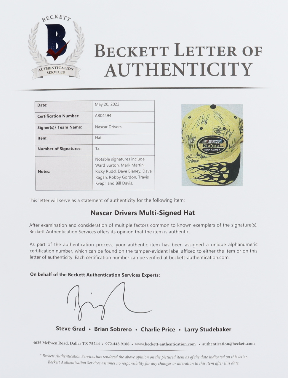 NASCAR Nextel Cup Series Adjustable Hat Signed By (12) With Ward Burton, Mark Martin, Ricky Rudd (Beckett) at PristineAuction.com NASCAR Nextel Cup Series Adjustable Hat Signed By (12) With Ward Burton, Mark Martin, Ricky Rudd (Beckett) at PristineAuction.com