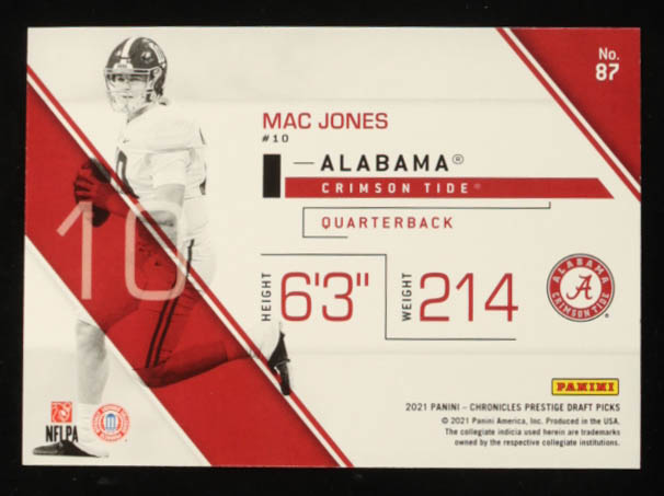 Mac Jones 2021 Panini Chronicles Draft Picks Prestige Pink #87 RC at PristineAuction.com Mac Jones 2021 Panini Chronicles Draft Picks Prestige Pink #87 RC at PristineAuction.com