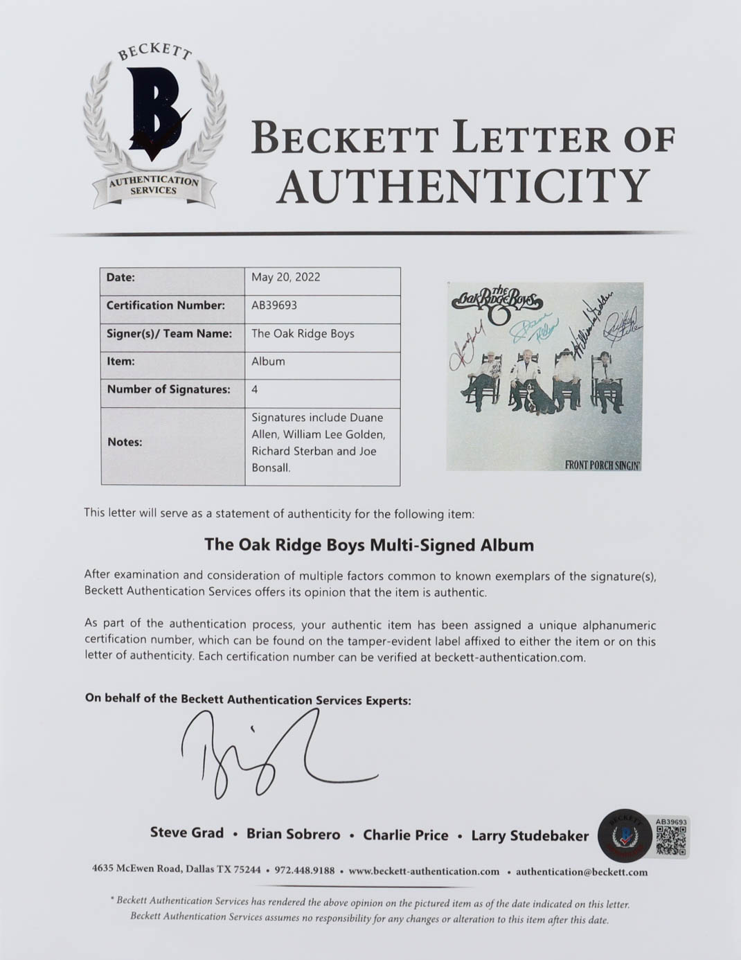 The Oak Ridge Boys 20.5x28.5 Custom Framed Record Display Signed By (4) with Duane Allen, William Lee Golden, Richard Sterban & Joe Bonsall (Beckett) at PristineAuction.com The Oak Ridge Boys 20.5x28.5 Custom Framed Record Display Signed By (4) with Duane Allen, William Lee Golden, Richard Sterban & Joe Bonsall (Beckett) at PristineAuction.com