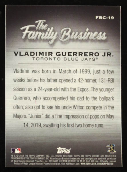 Vladimir Guerrero Jr. 2019 Topps Chrome Update The Family Business #FBC19 RC at PristineAuction.com Vladimir Guerrero Jr. 2019 Topps Chrome Update The Family Business #FBC19 RC at PristineAuction.com
