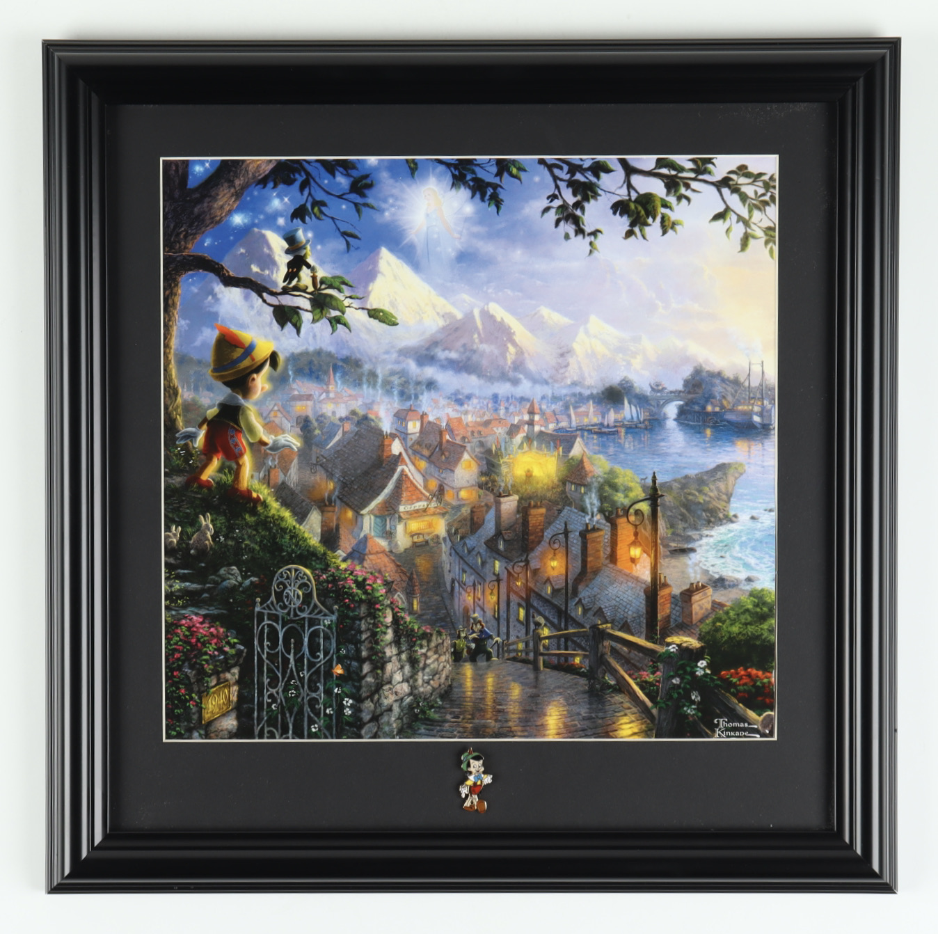 Thomas Kinkade "Pinocchio" 16x16 Custom Framed Print Display with Pinnochio Pin at PristineAuction.com Thomas Kinkade "Pinocchio" 16x16 Custom Framed Print Display with Pinnochio Pin at PristineAuction.com