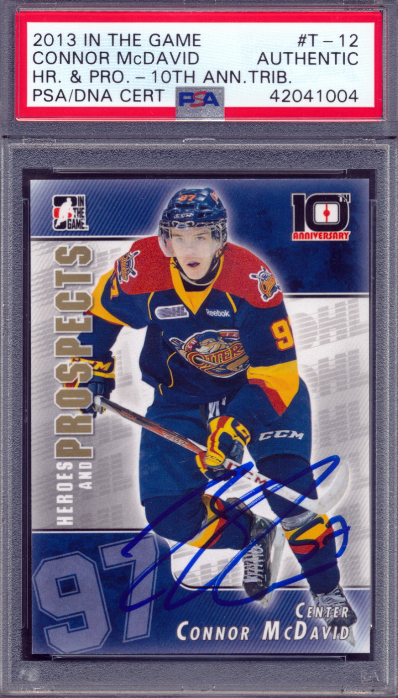 Connor McDavid Signed 2013-14 ITG Heroes and Prospects Tenth Anniversary Tribute #T12 (PSA) at PristineAuction.com Connor McDavid Signed 2013-14 ITG Heroes and Prospects Tenth Anniversary Tribute #T12 (PSA) at PristineAuction.com