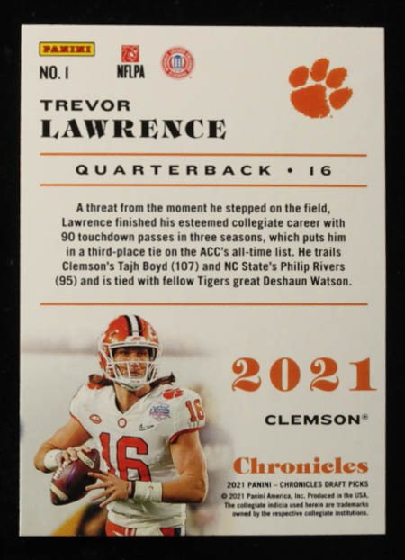 Trevor Lawrence 2021 Panini Chronicles Pink Draft Picks #1 RC at PristineAuction.com Trevor Lawrence 2021 Panini Chronicles Pink Draft Picks #1 RC at PristineAuction.com